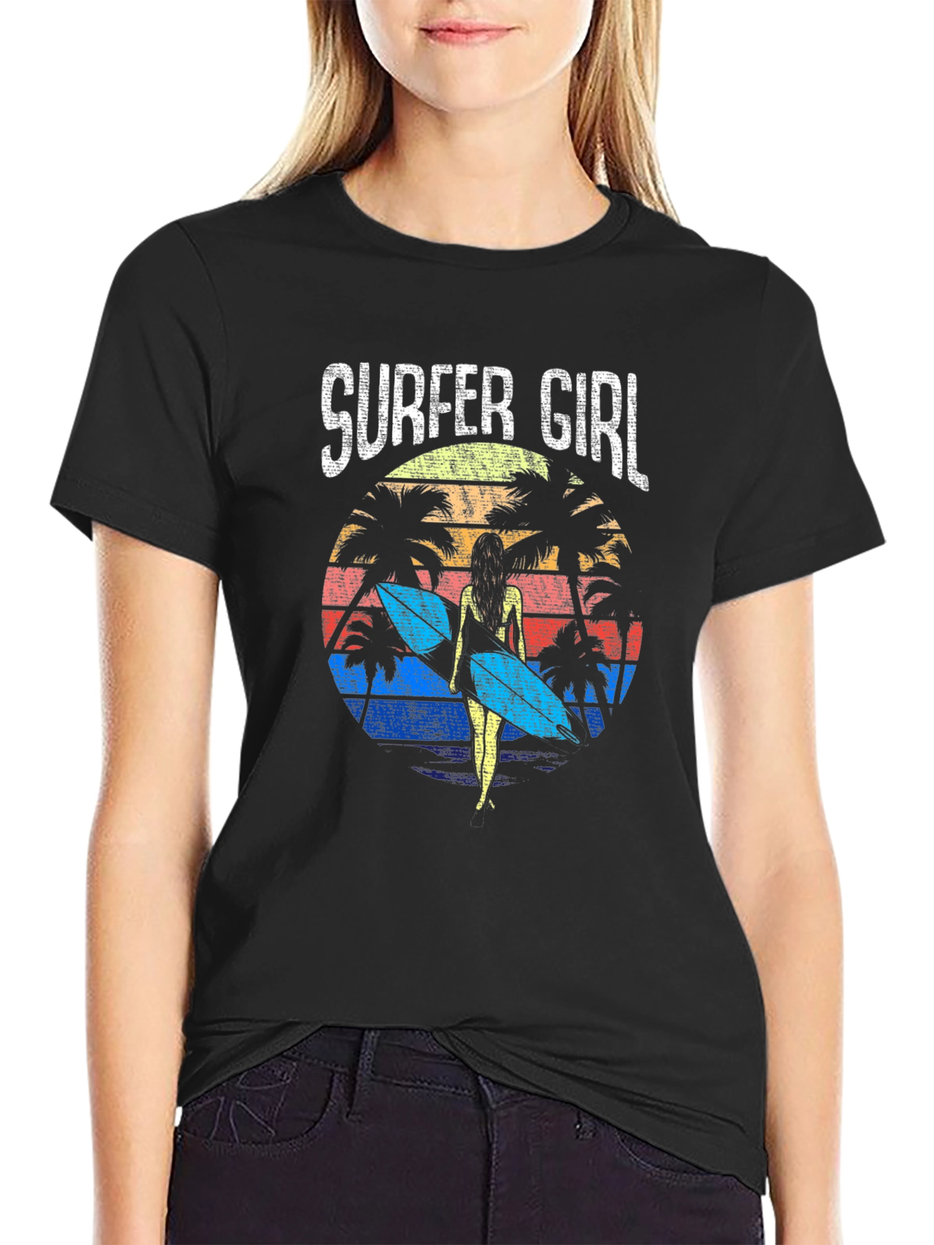 Surfer Girl Retro Sunset Graphic Tee