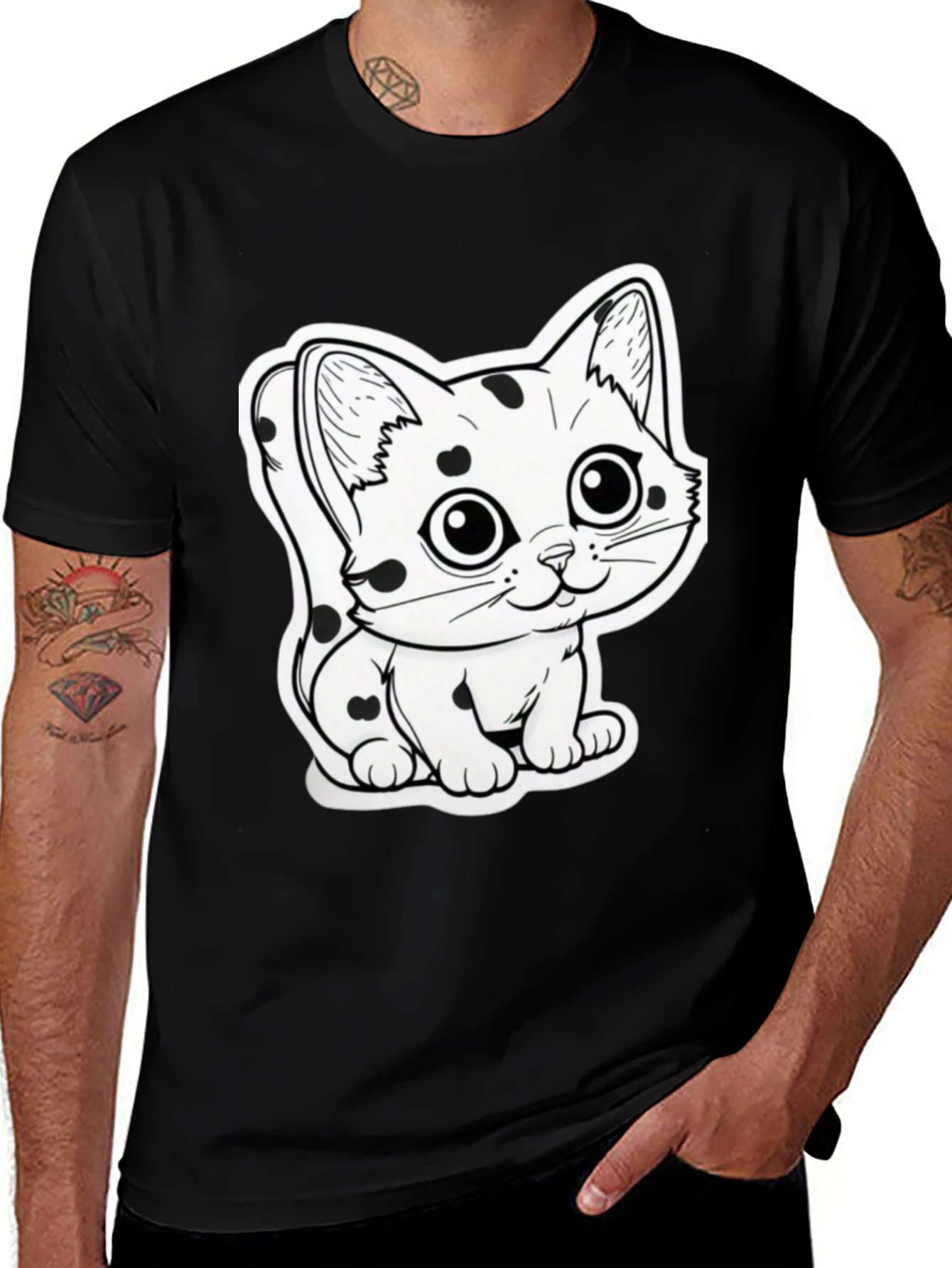 Cute Cartoon Cat T-Shirt - Black