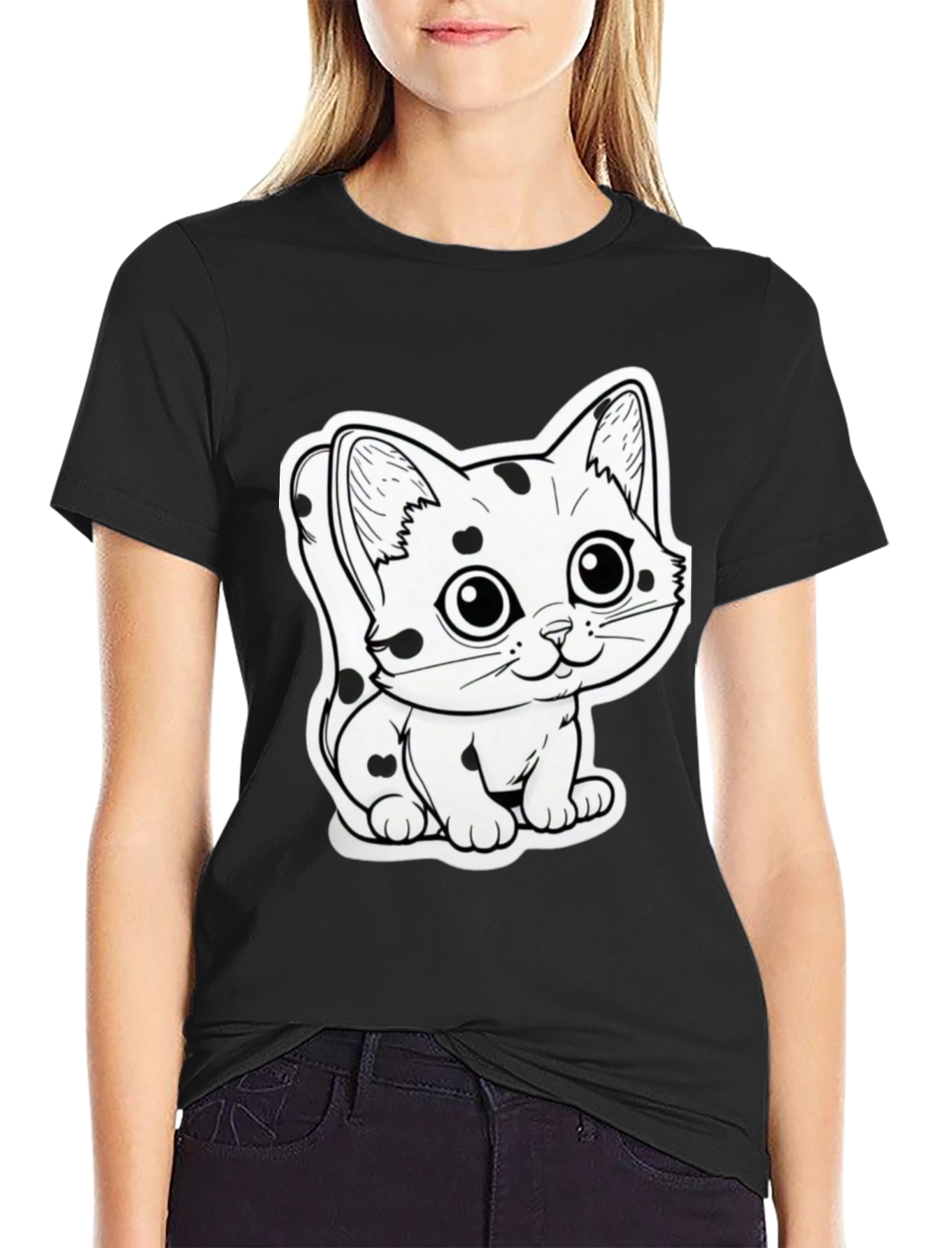 Cute Cartoon Cat T-Shirt - Black