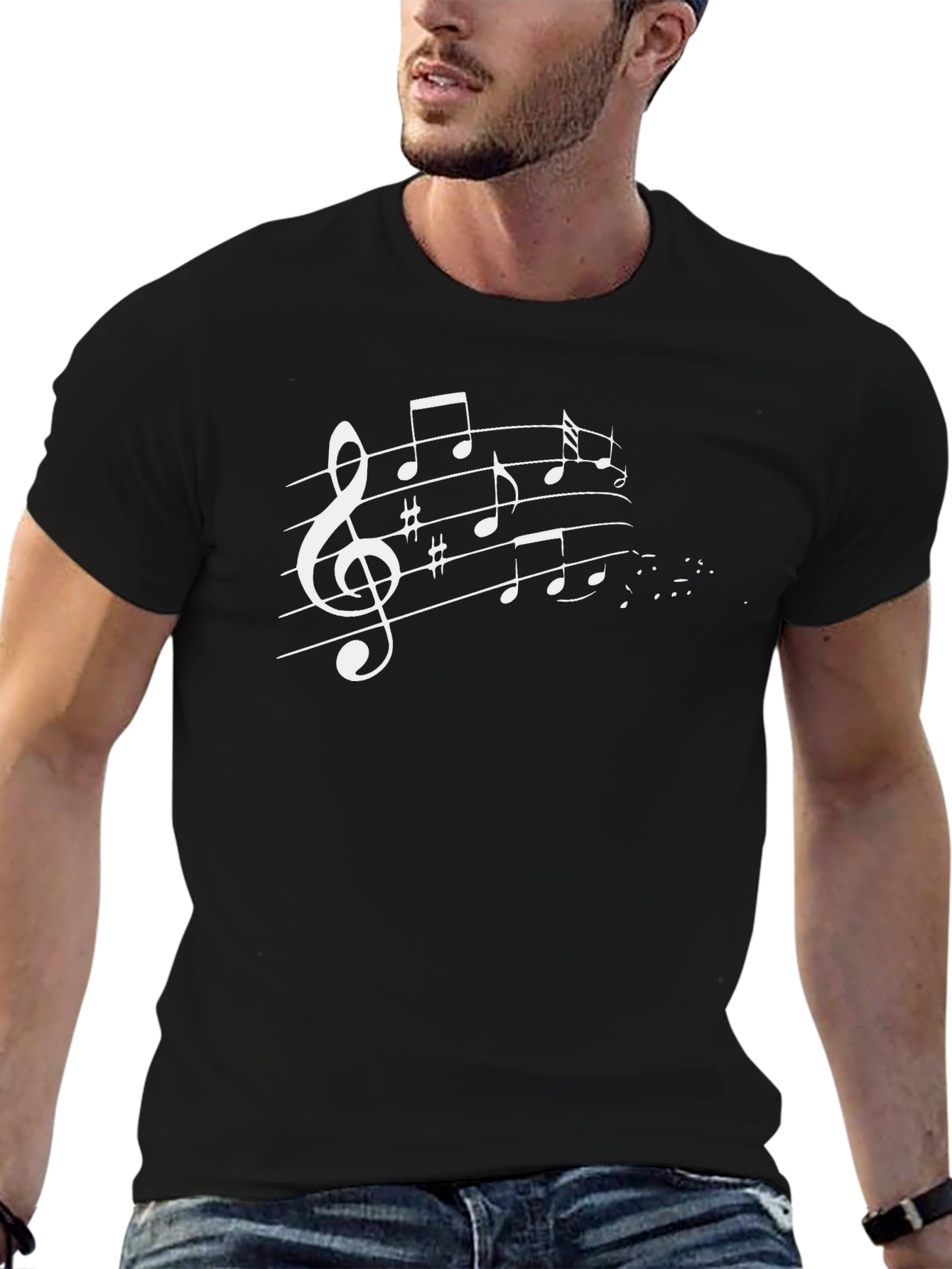 Music Notes Graphic Tee - Black Cotton T-Shirt
