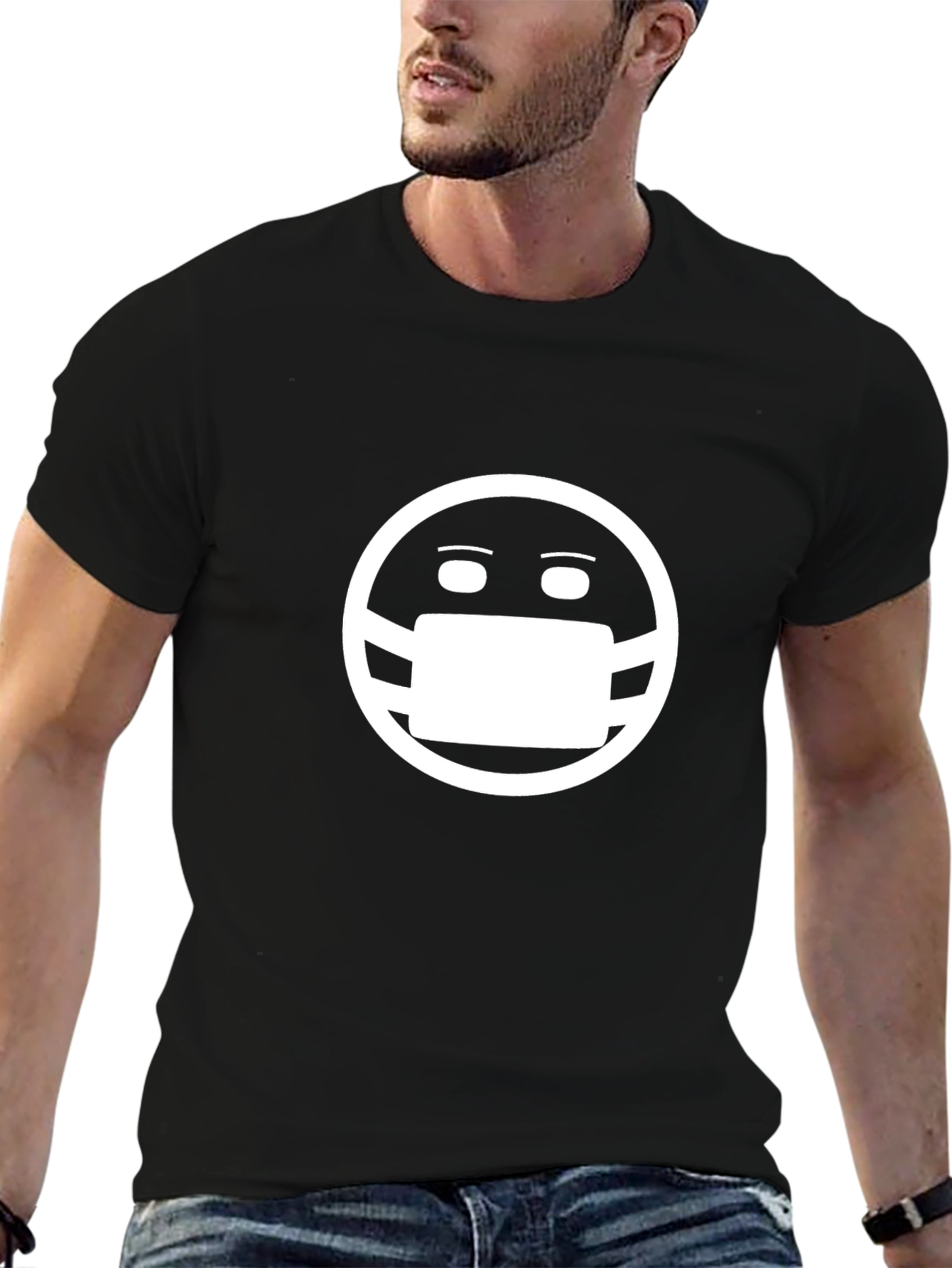 Masked Smiley Face Graphic T-Shirt - Black