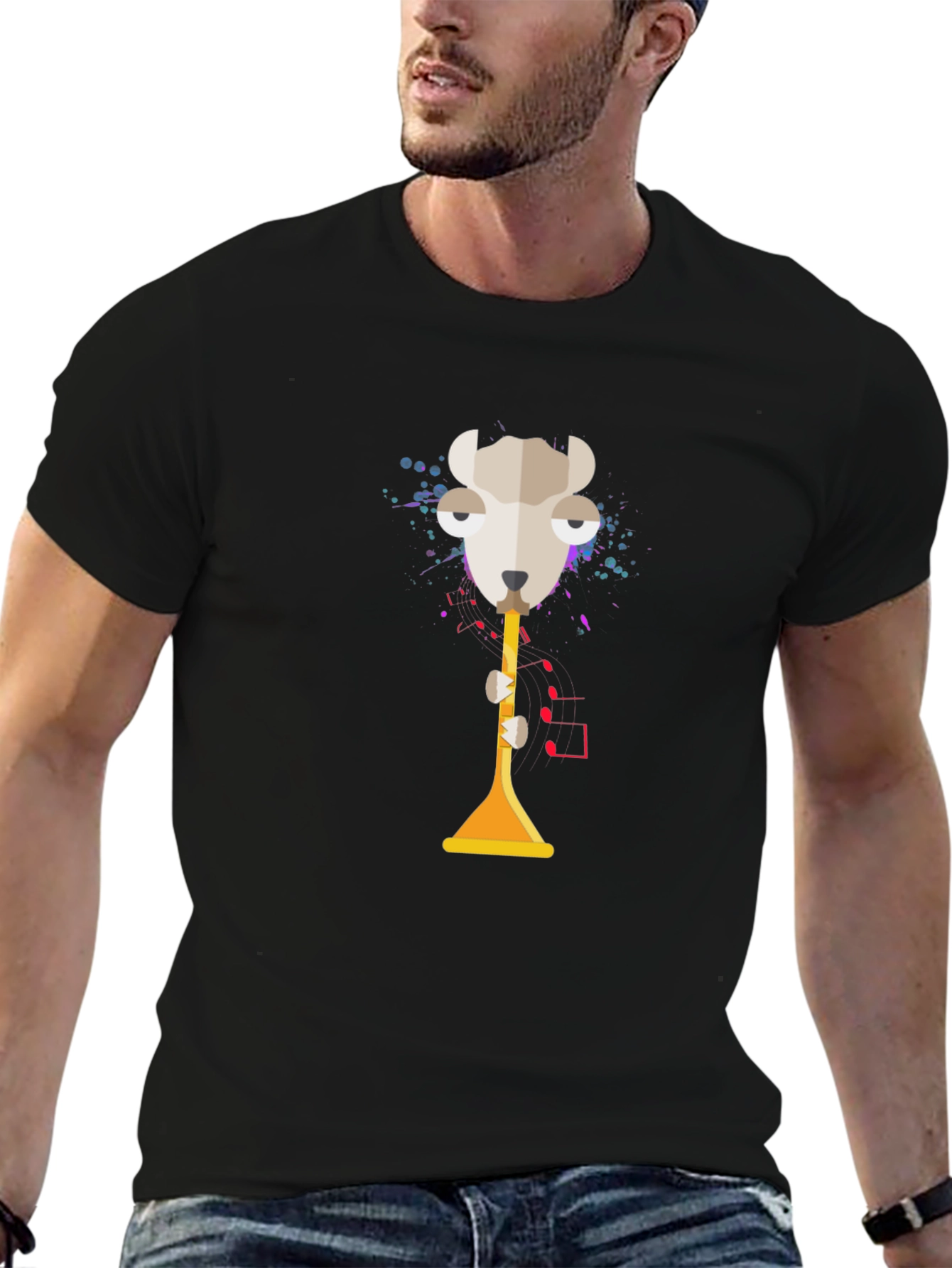 Abstract Goat Trumpet Graphic Tee - Unisex Black T-Shirt