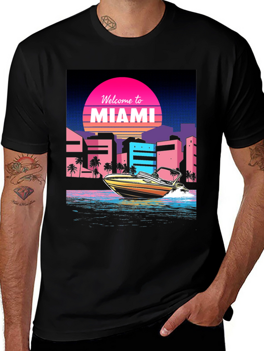 Miami Vice Style Graphic Tee - Retro Boat & Cityscape