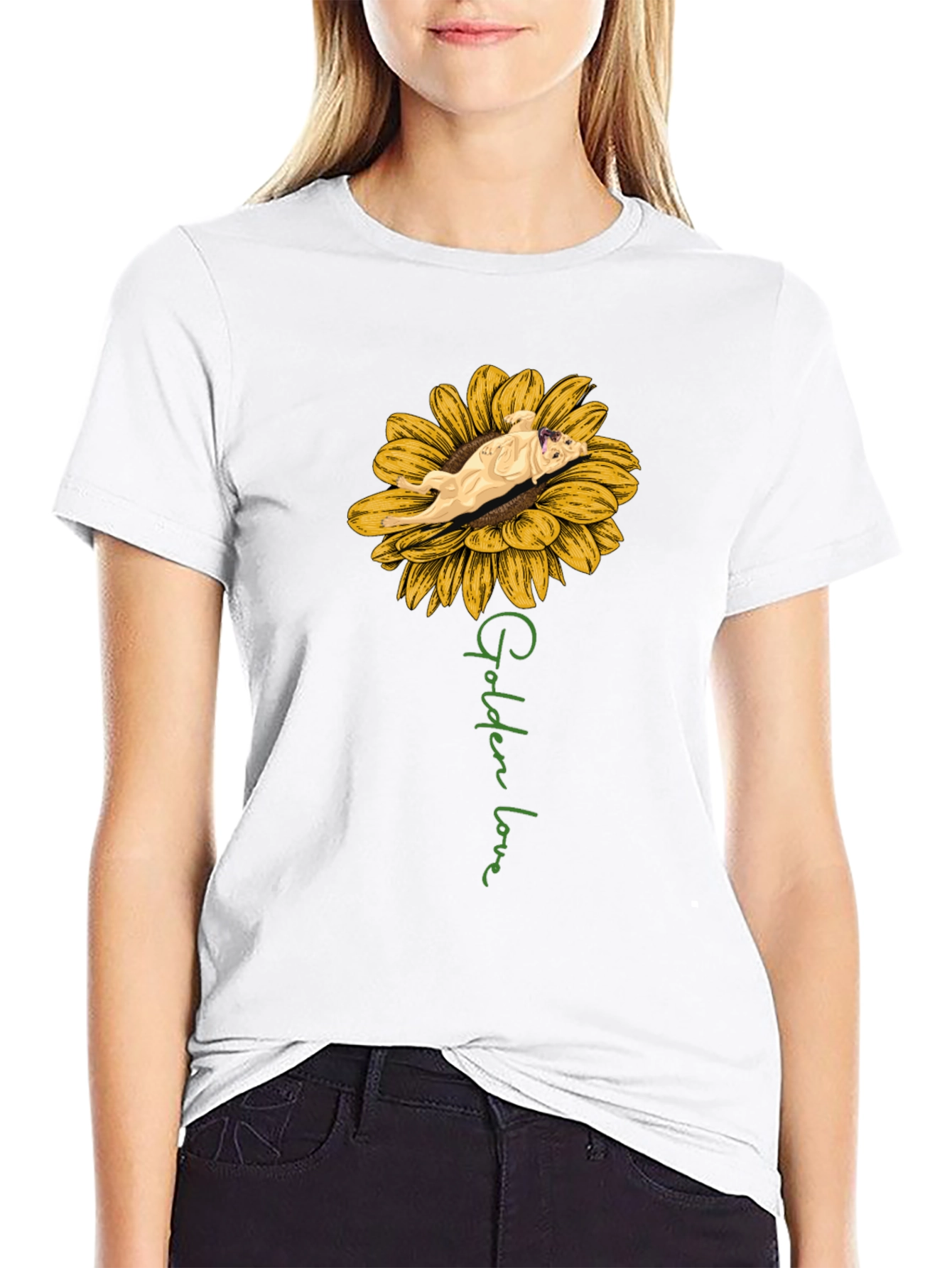 Golden Love Dog Sunflower Graphic T-Shirt