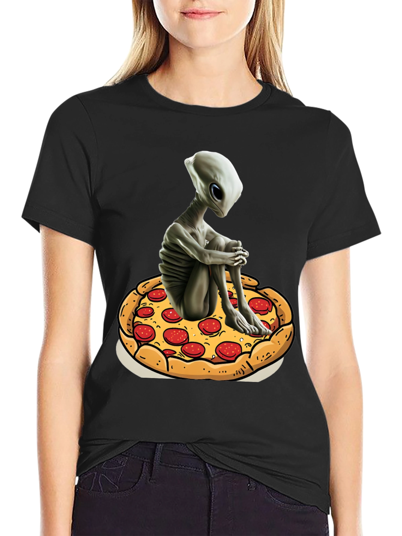 Alien Pizza Graphic Tee - Unisex Black Cotton T-Shirt