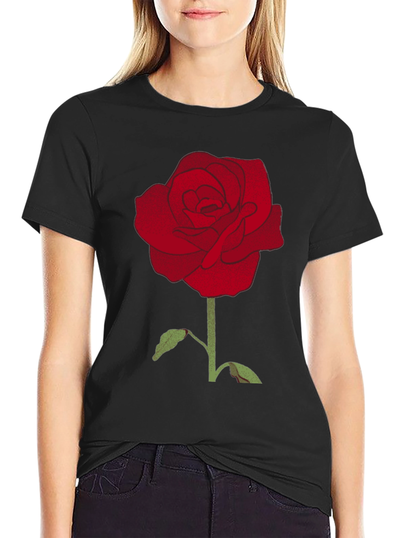 Mens Black T-Shirt with Red Rose Graphic