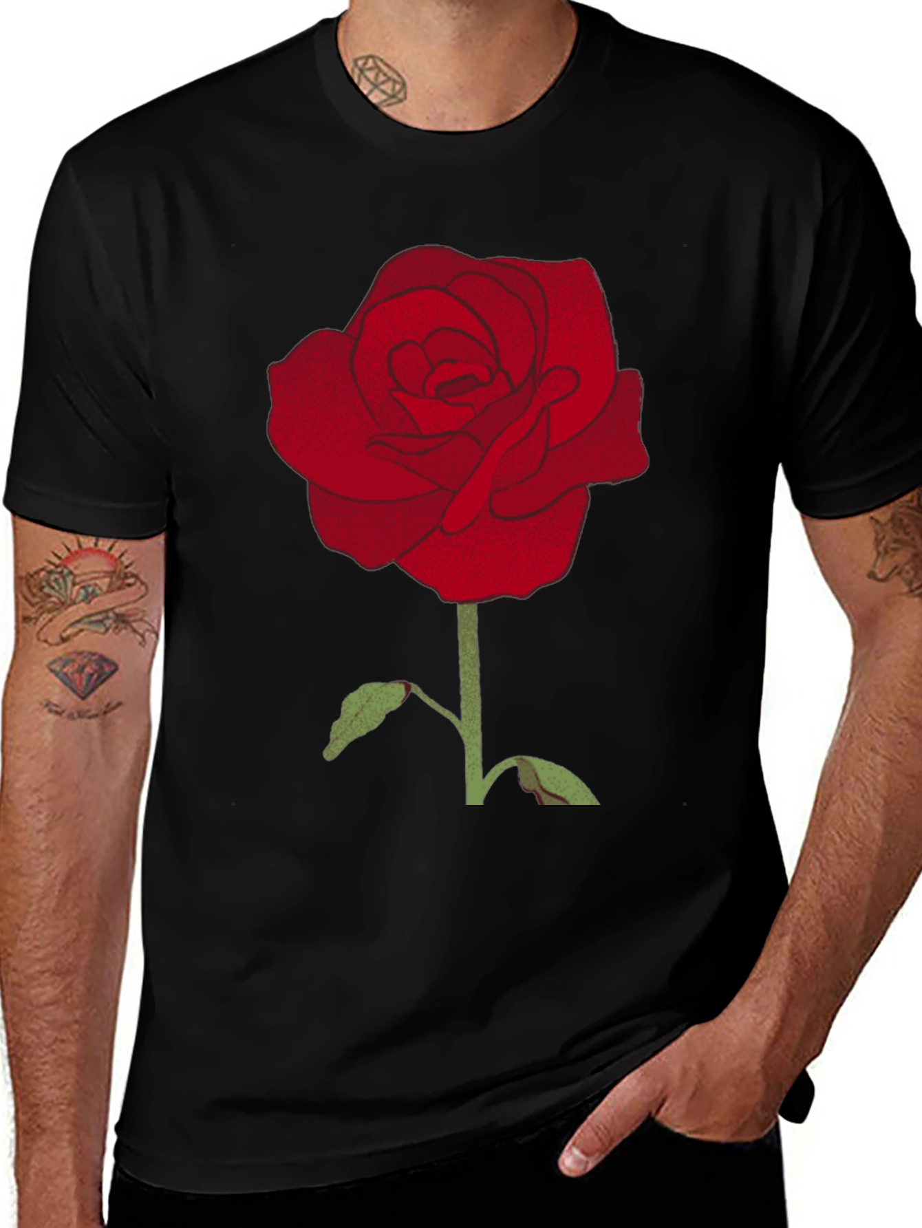 Mens Black T-Shirt with Red Rose Graphic
