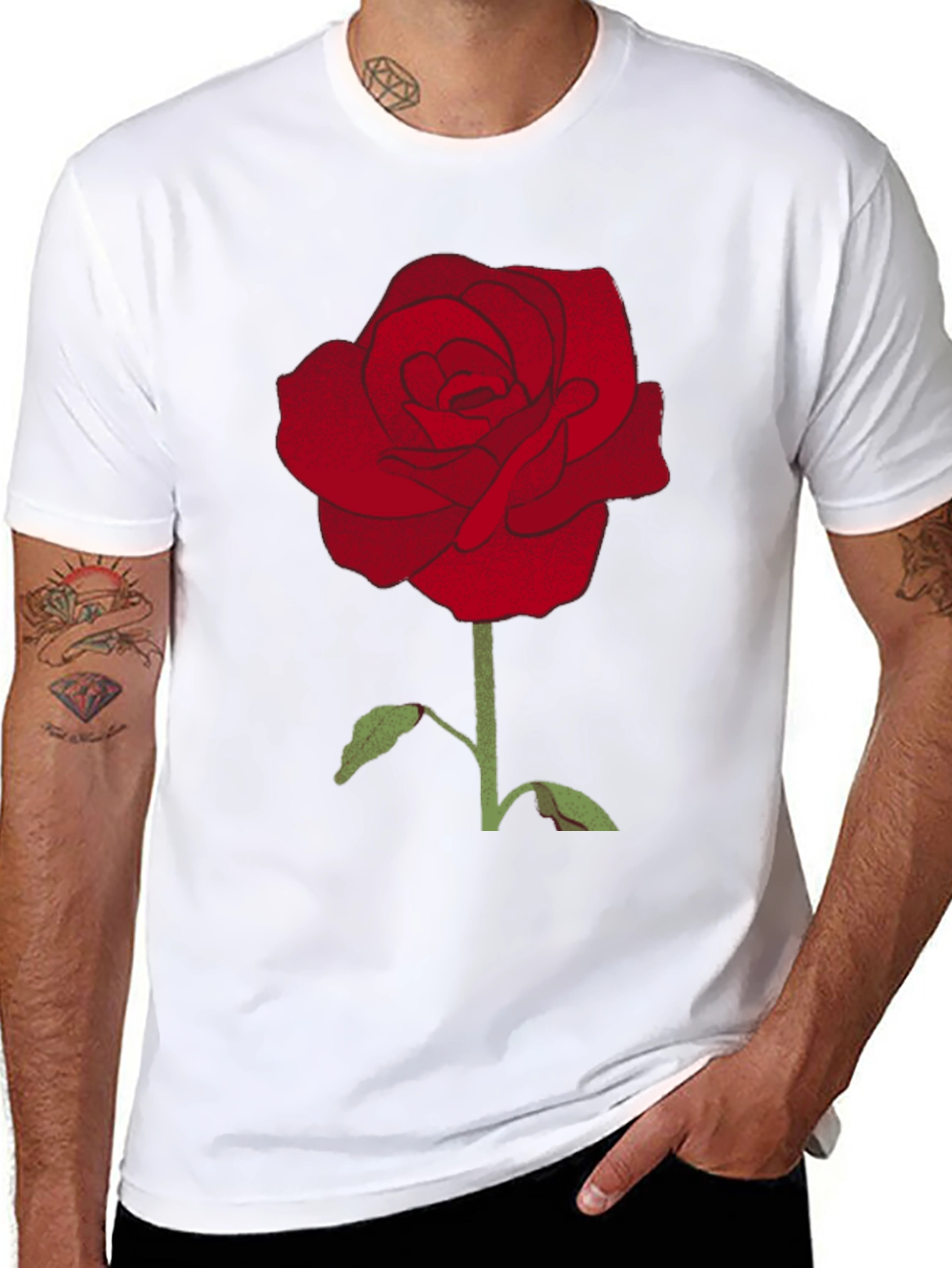 Mens Black T-Shirt with Red Rose Graphic