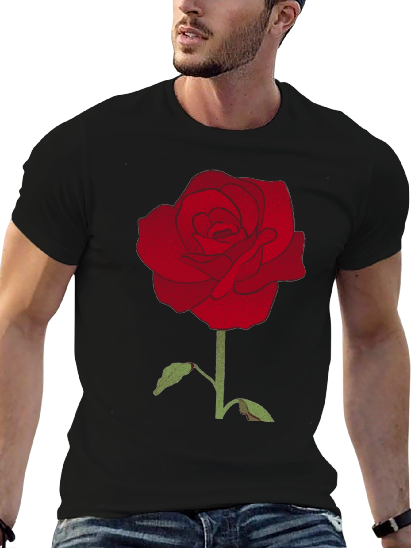 Mens Black T-Shirt with Red Rose Graphic