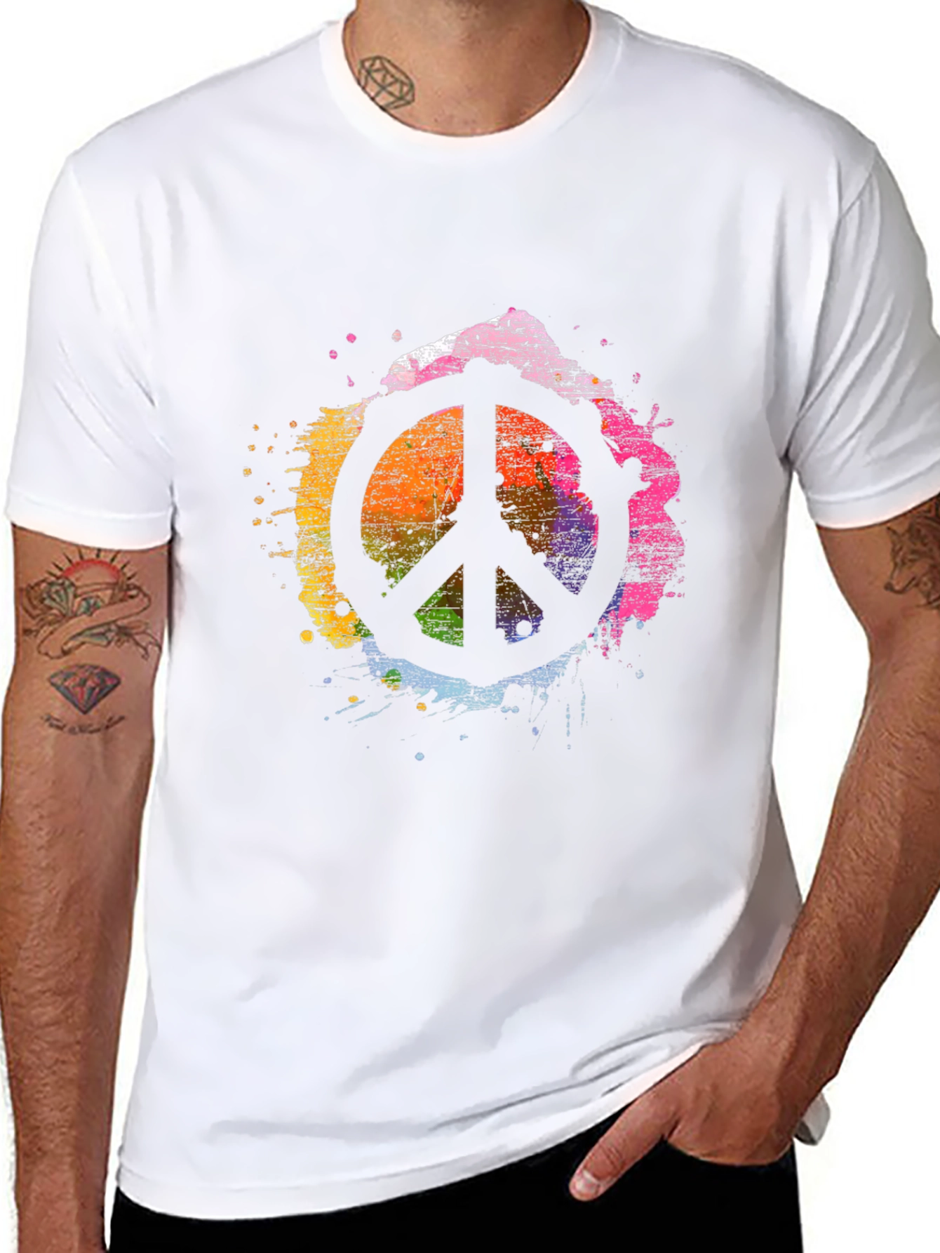 Peace Sign Rainbow Splatter Black T-Shirt