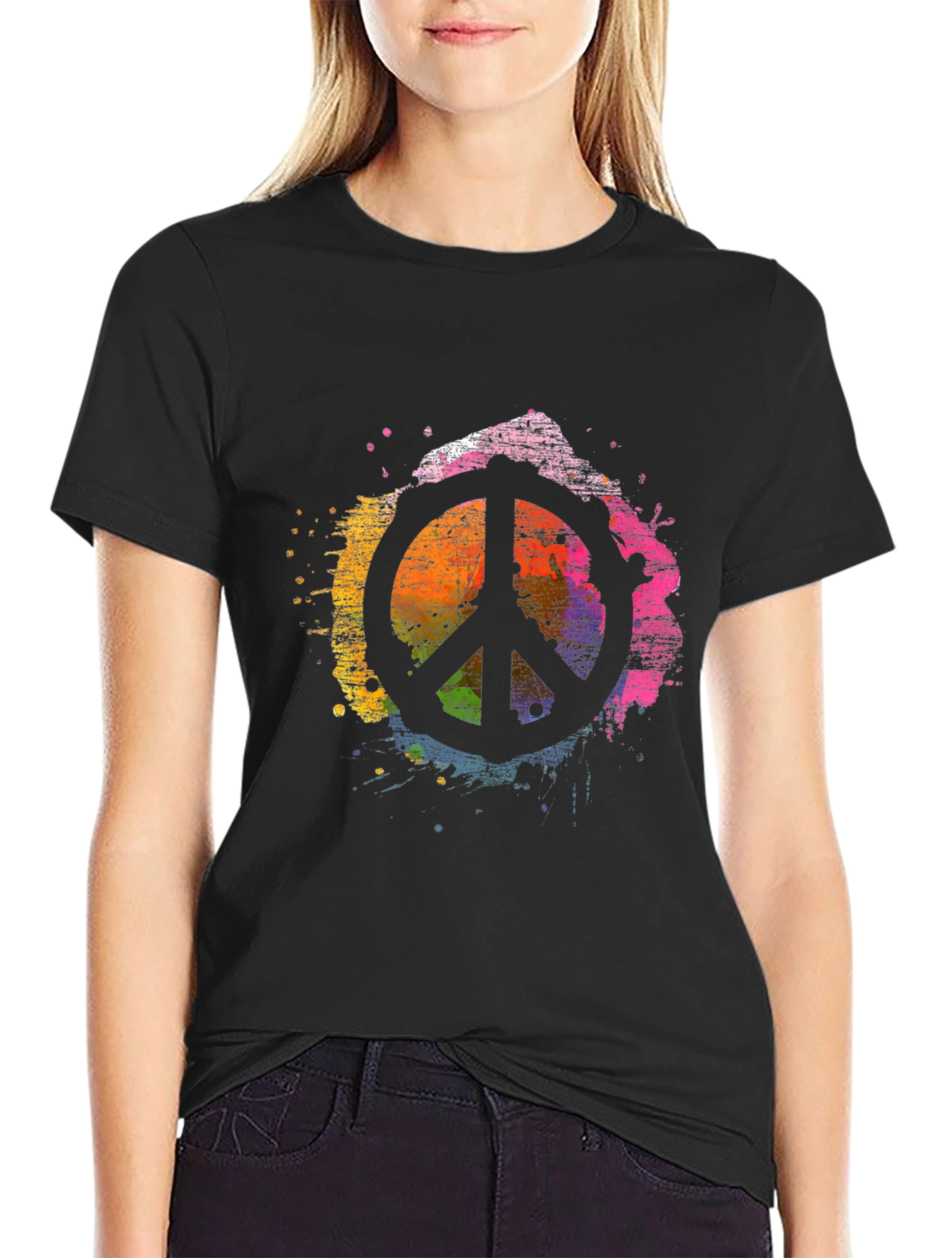 Peace Sign Rainbow Splatter Black T-Shirt