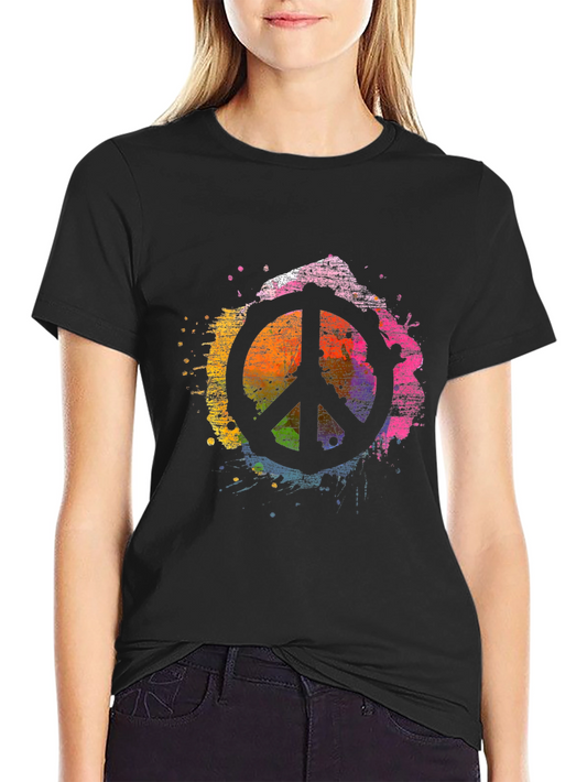 Peace Sign Rainbow Splatter Black T-Shirt