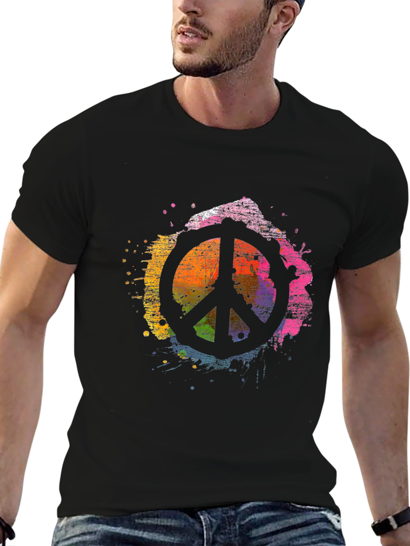 Peace Sign Rainbow Splatter Black T-Shirt