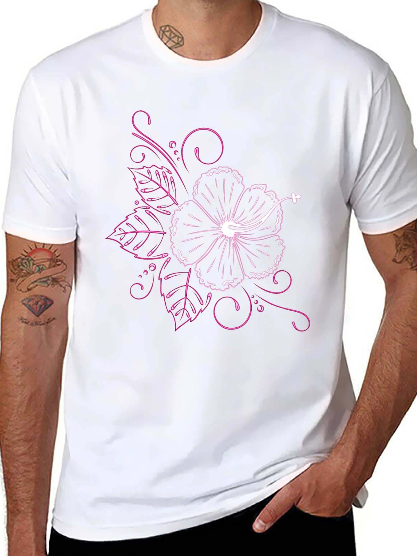 Black T-Shirt with Floral Hibiscus Design