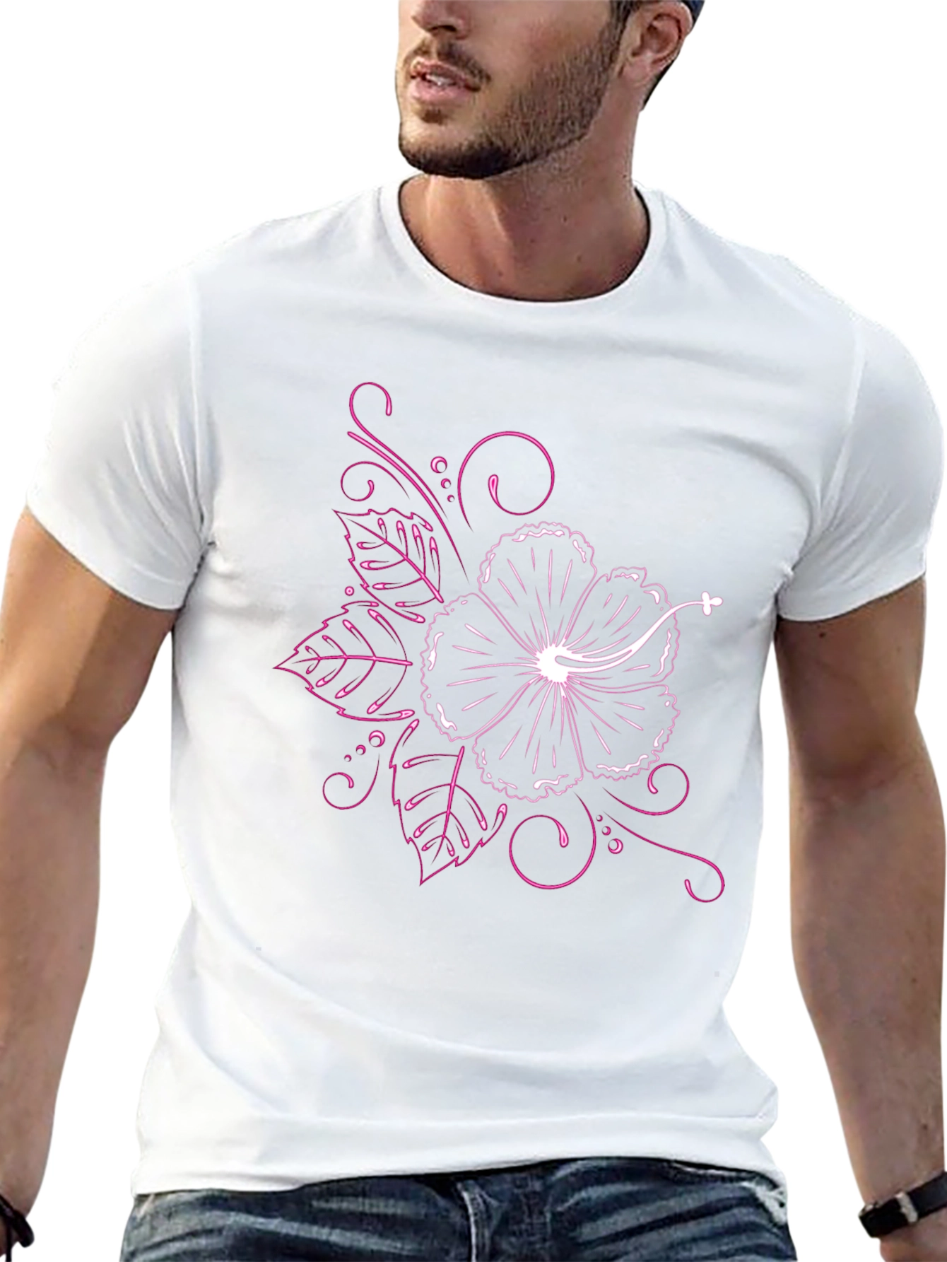 Black T-Shirt with Floral Hibiscus Design