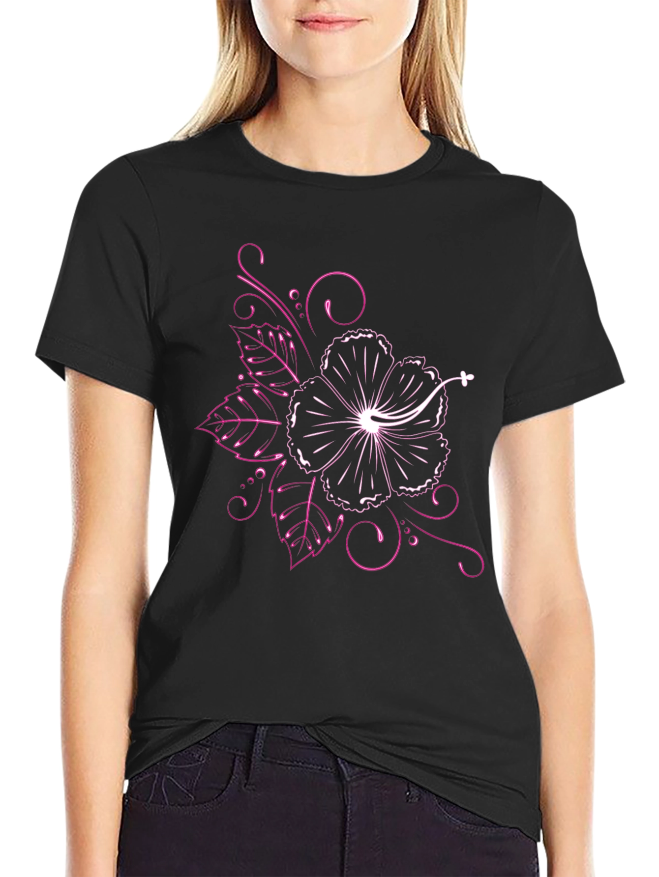 Black T-Shirt with Floral Hibiscus Design