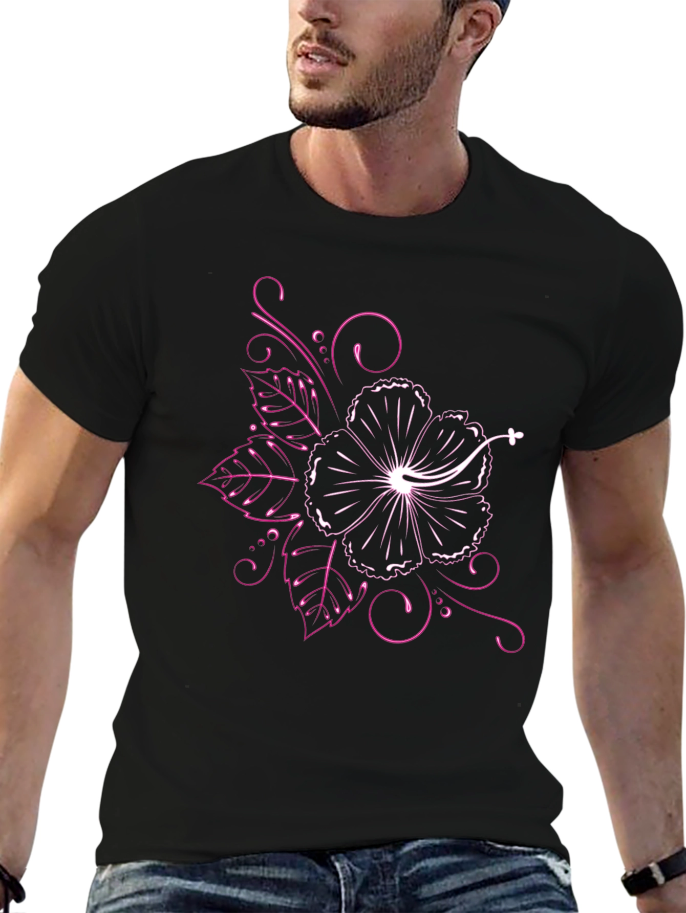 Black T-Shirt with Floral Hibiscus Design