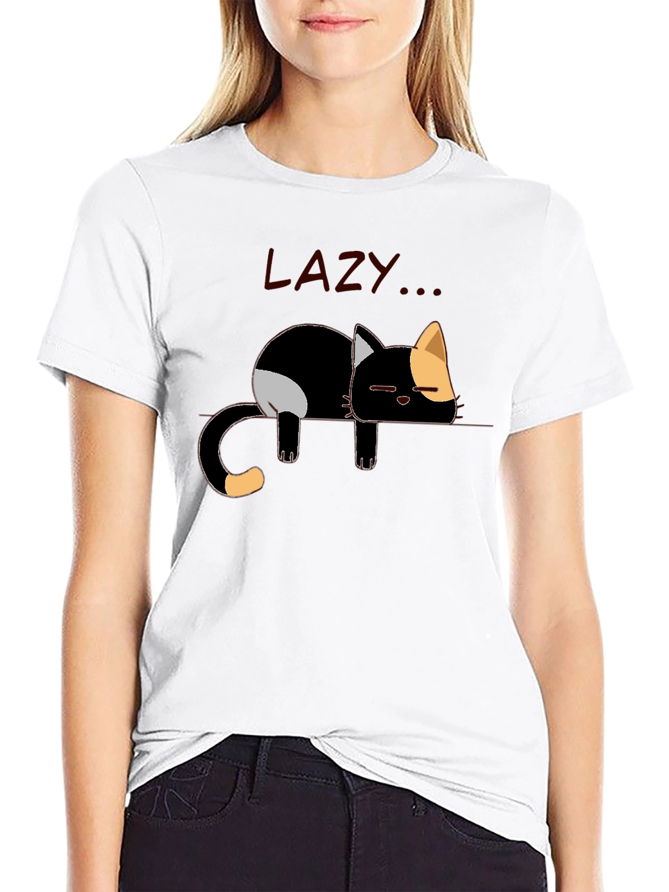 Lazy Cat Graphic Tee - Black Cotton Casual Shirt