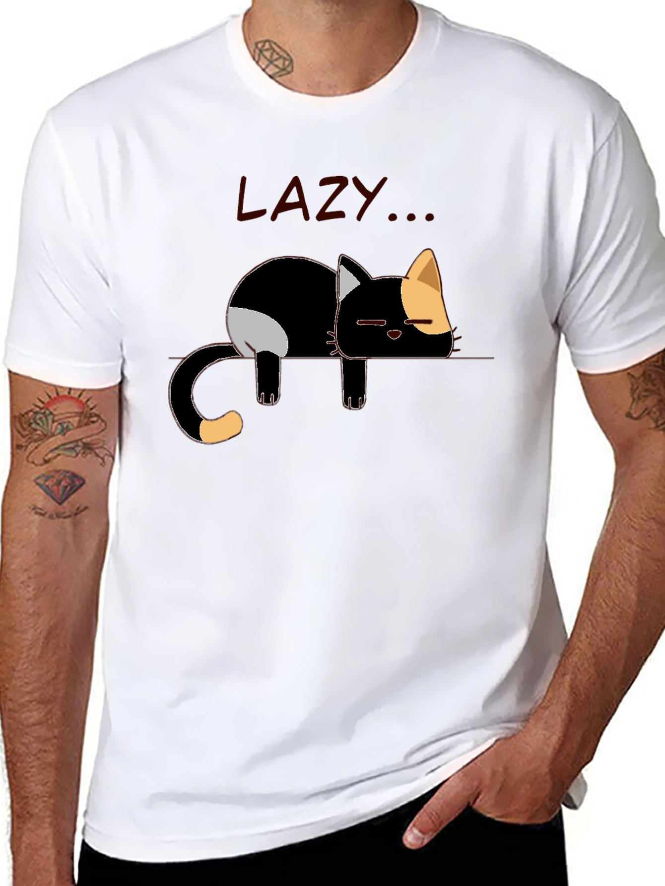 Lazy Cat Graphic Tee - Black Cotton Casual Shirt