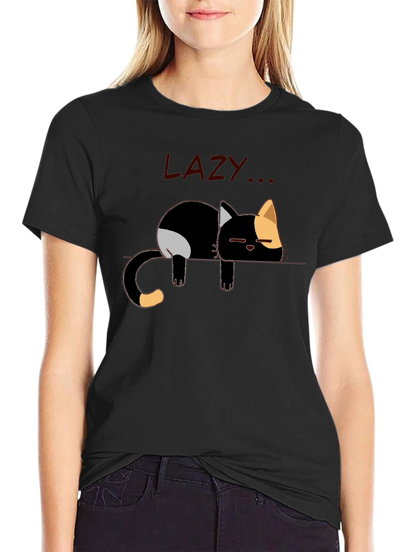 Lazy Cat Graphic Tee - Black Cotton Casual Shirt
