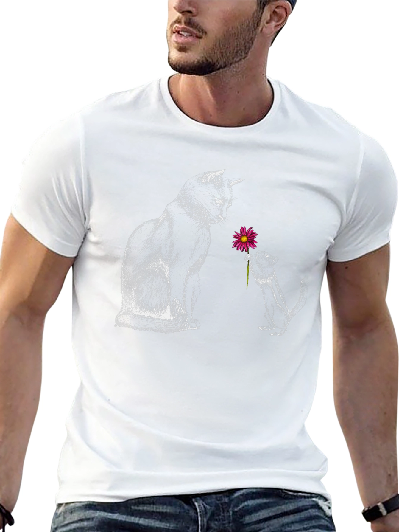 Cat & Squirrel Flower Graphic Tee - Black