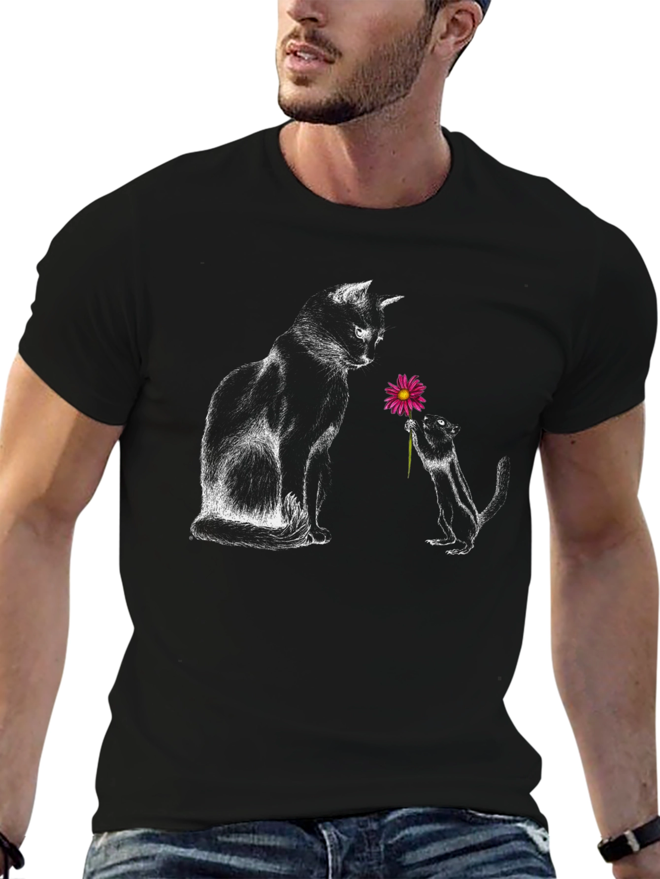 Cat & Squirrel Flower Graphic Tee - Black
