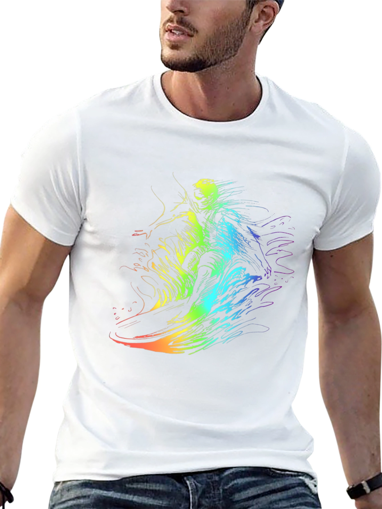 Rainbow Surf Tee - Unique Graphic Print Black T-Shirt