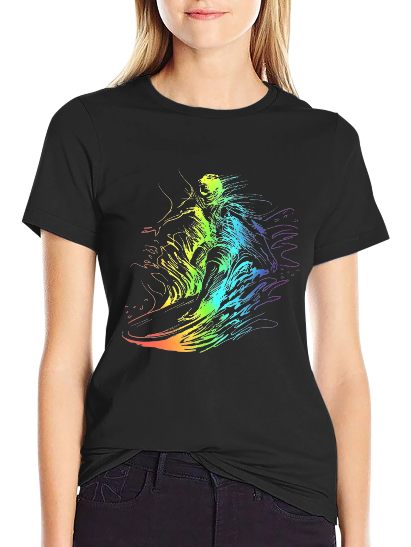 Rainbow Surf Tee - Unique Graphic Print Black T-Shirt
