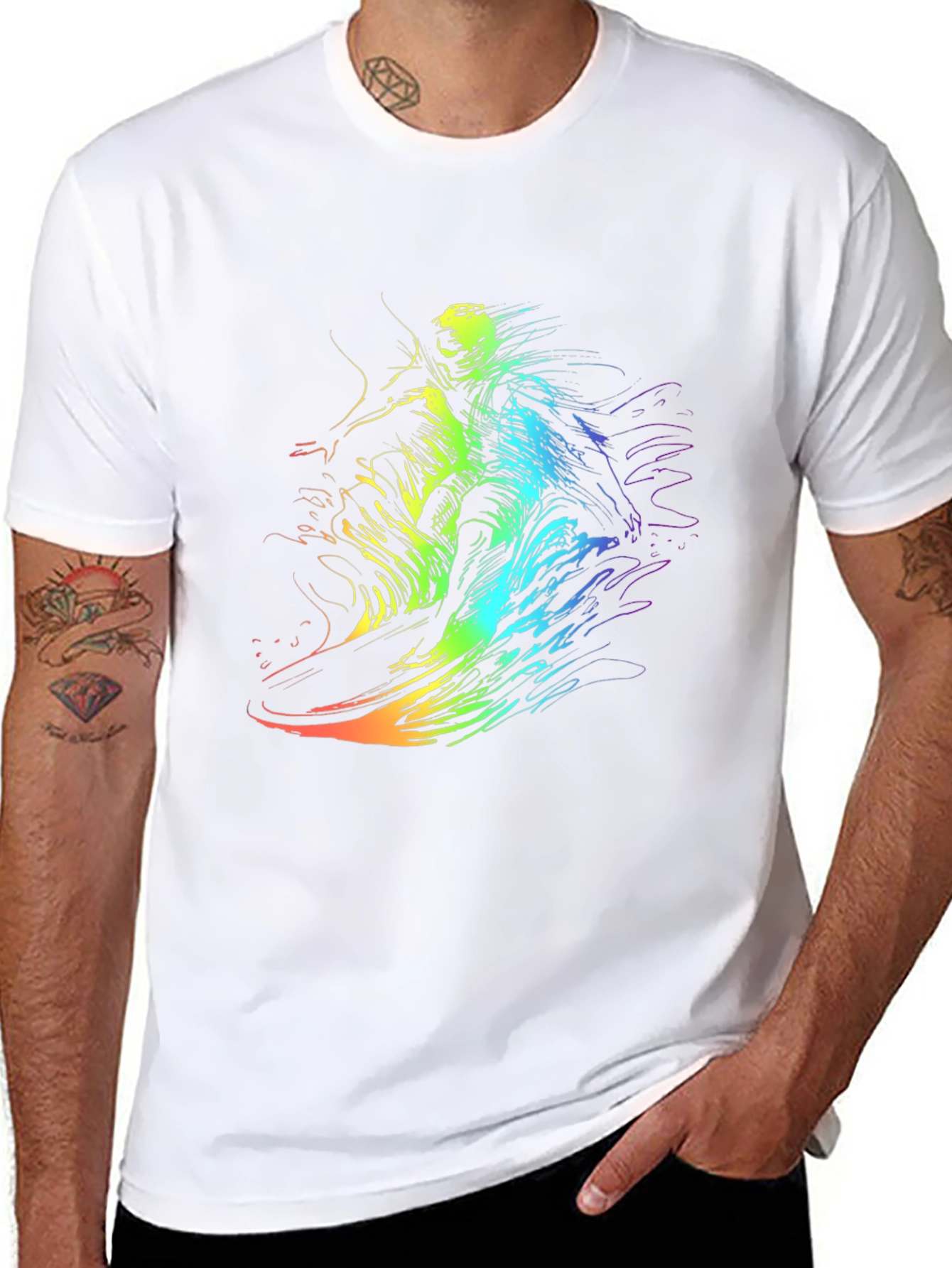 Rainbow Surf Tee - Unique Graphic Print Black T-Shirt