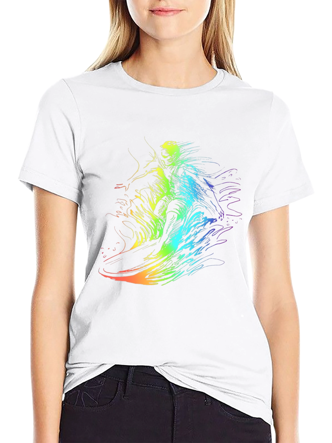 Rainbow Surf Tee - Unique Graphic Print Black T-Shirt