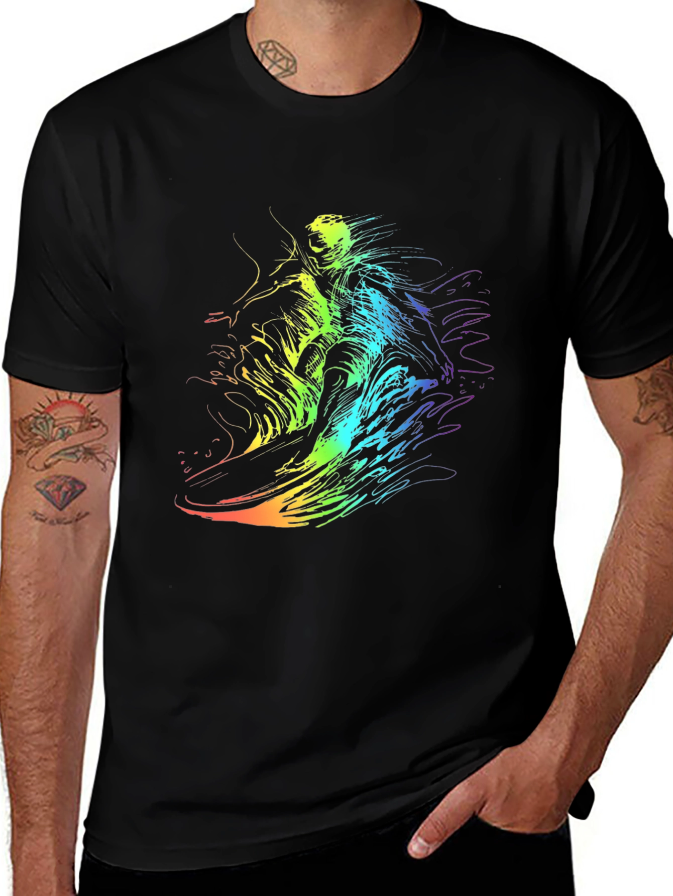Rainbow Surf Tee - Unique Graphic Print Black T-Shirt