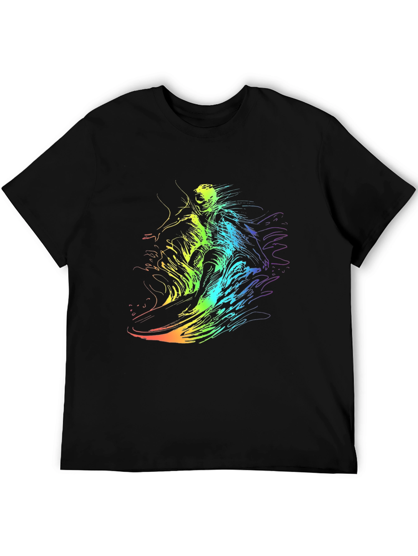 Rainbow Surf Tee - Unique Graphic Print Black T-Shirt