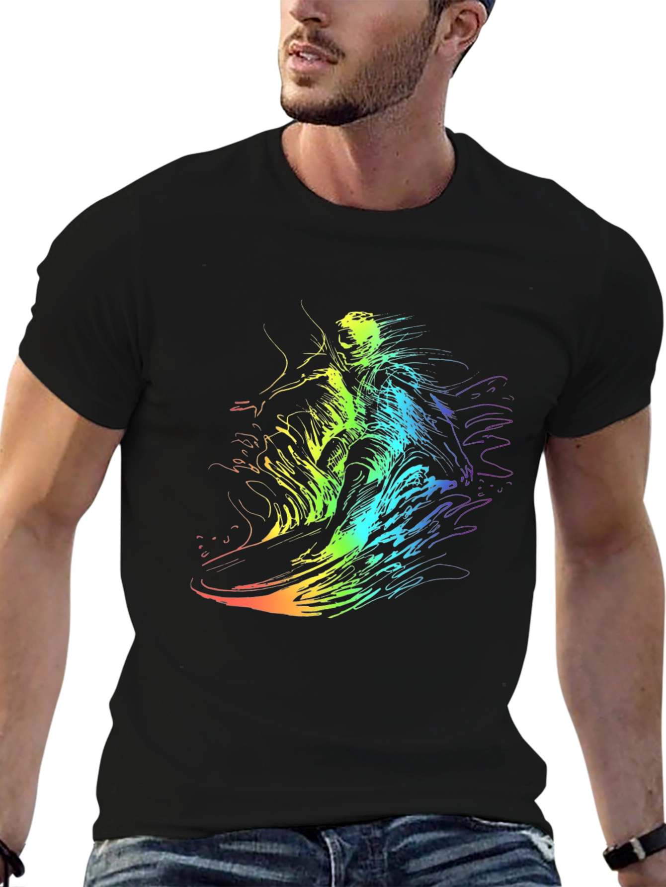 Rainbow Surf Tee - Unique Graphic Print Black T-Shirt