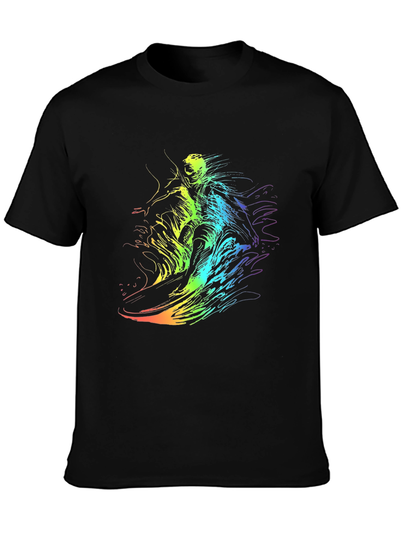 Rainbow Surf Tee - Unique Graphic Print Black T-Shirt