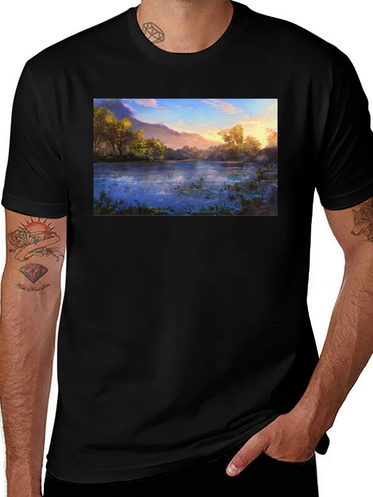 Nature Lake Print Black T-Shirt