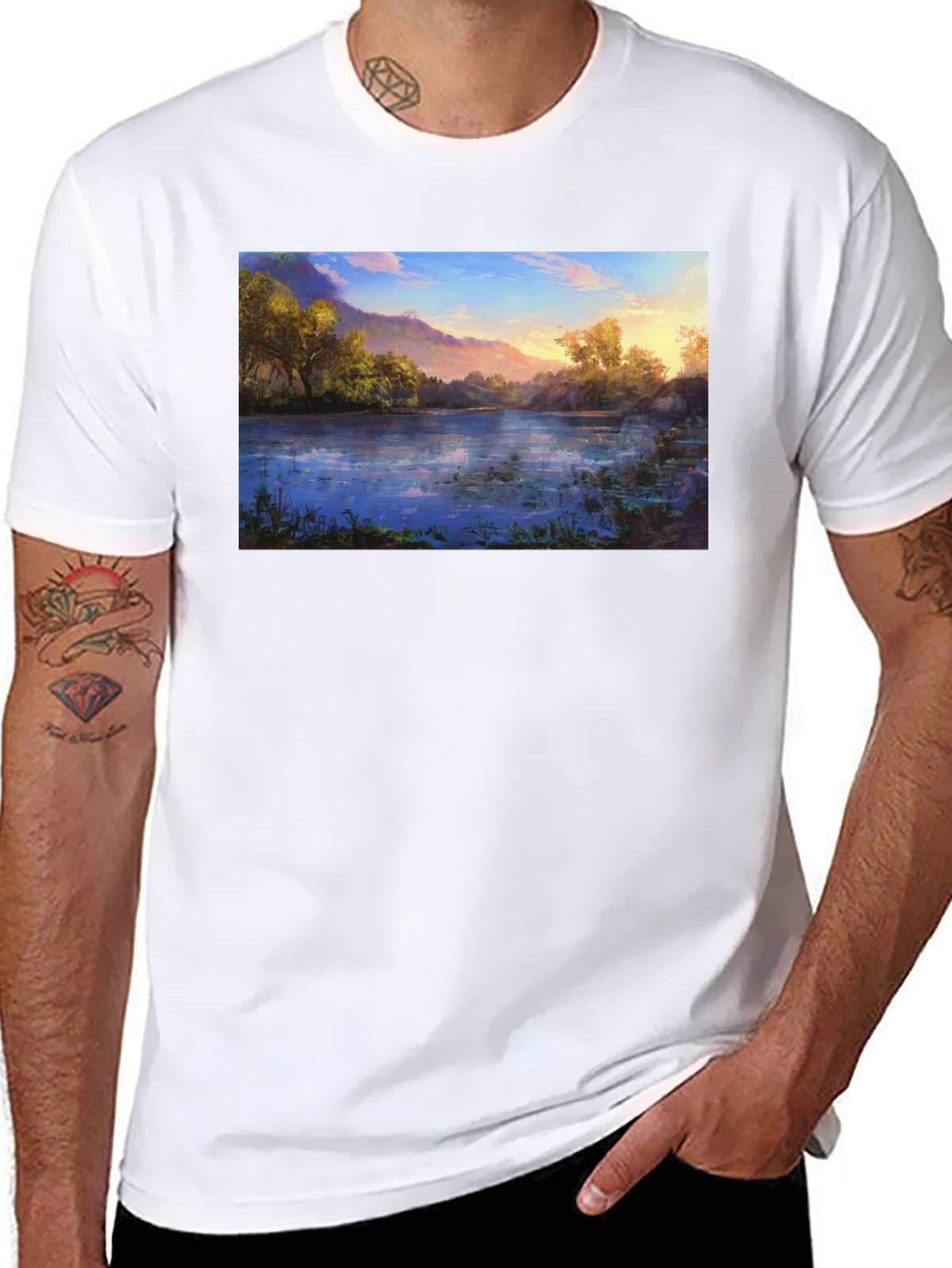 Nature Lake Print Black T-Shirt