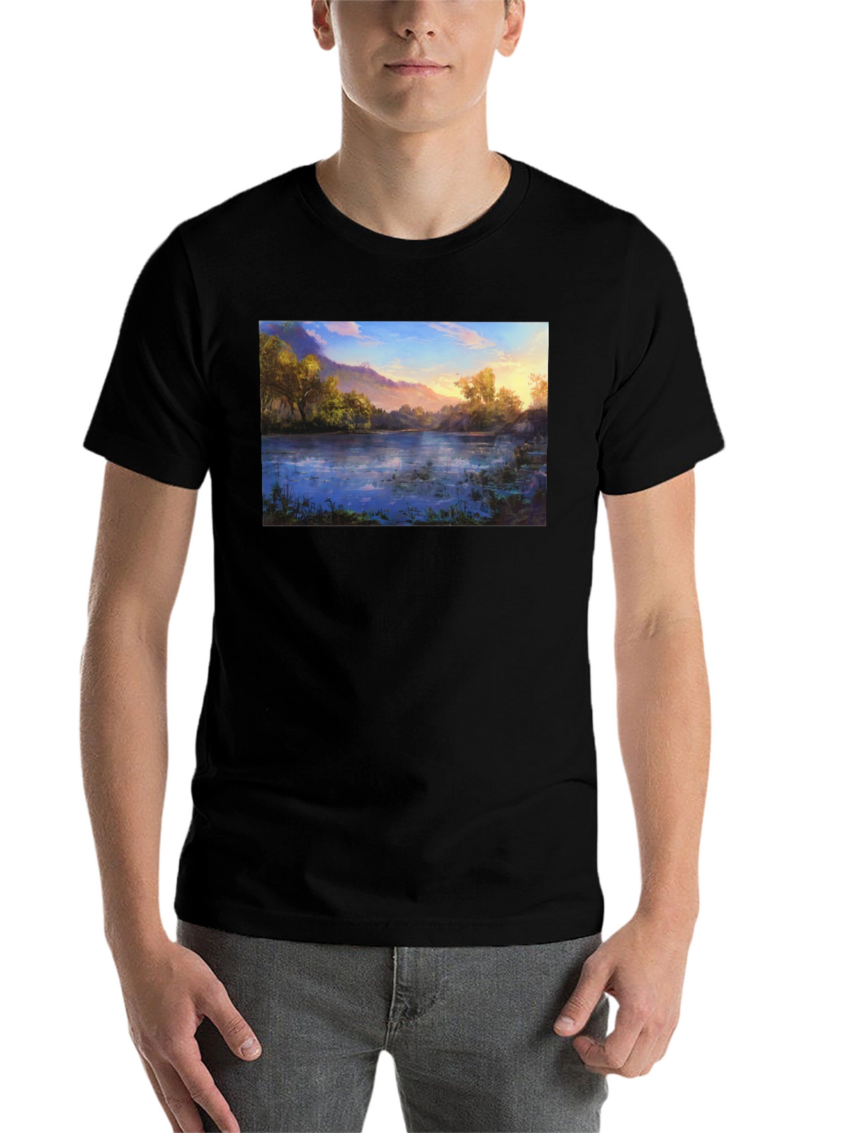 Nature Lake Print Black T-Shirt