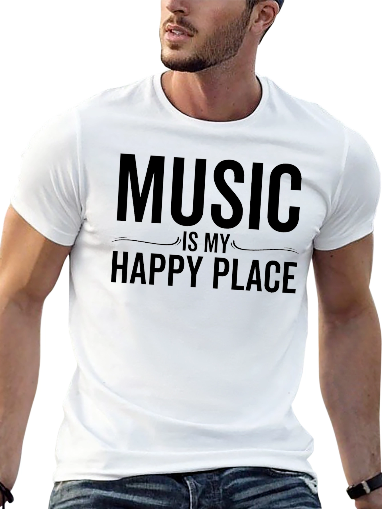 Music Is My Happy Place Black Graphic T-Shirt