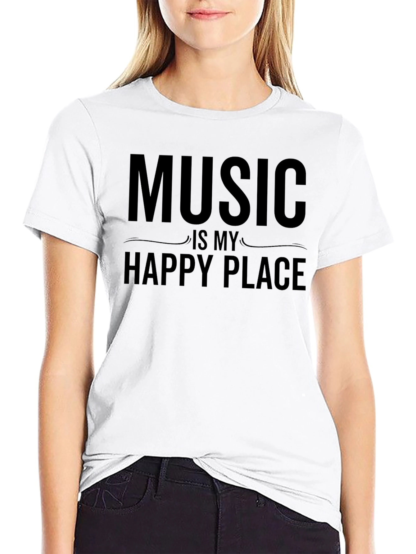 Music Is My Happy Place Black Graphic T-Shirt