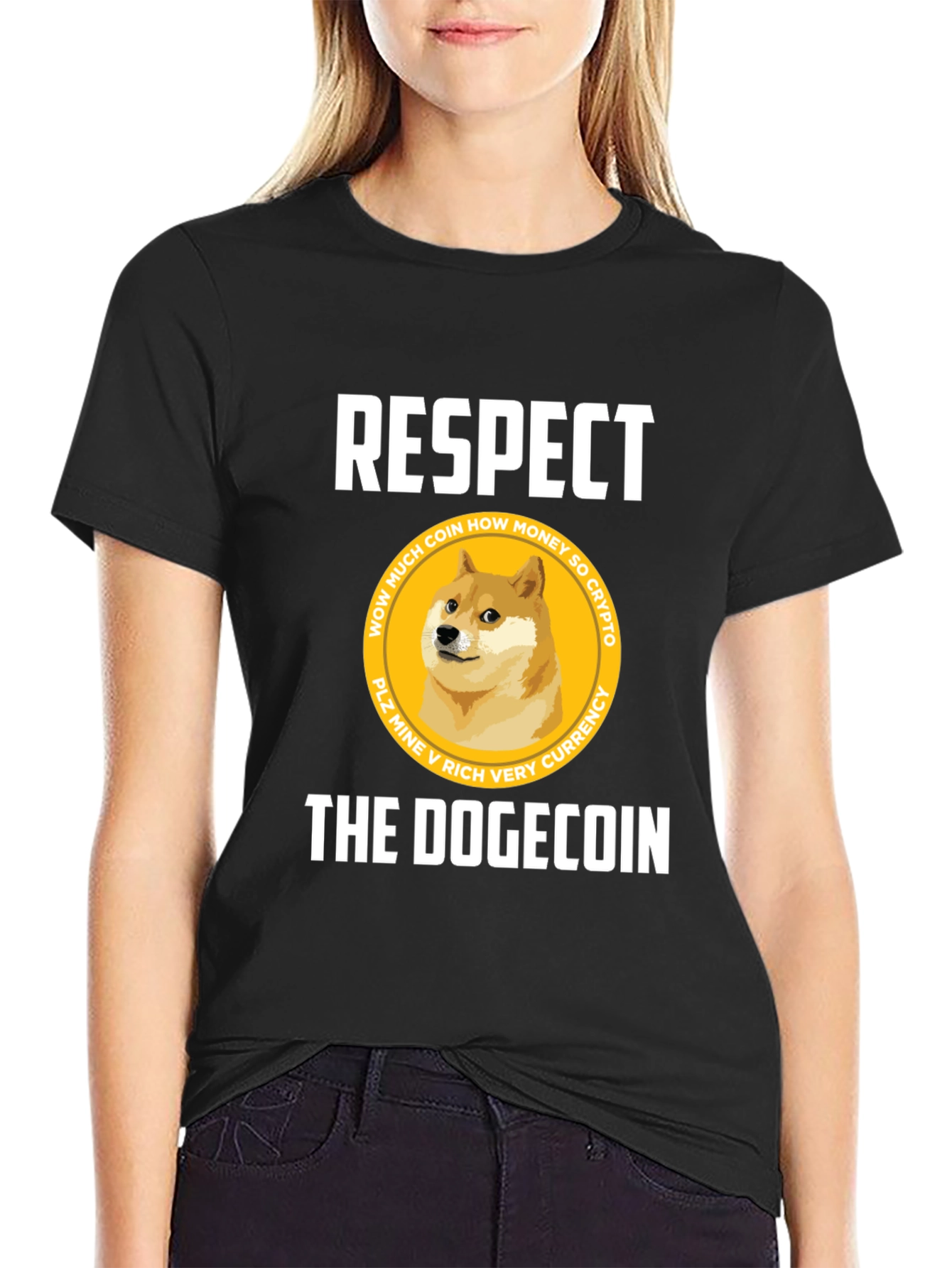 Respect The Dogecoin Black T-Shirt Crypto Humor