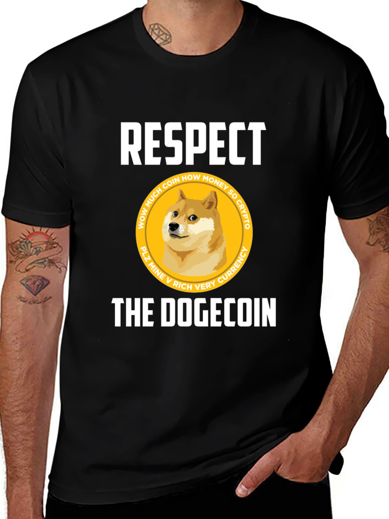 Respect The Dogecoin Black T-Shirt Crypto Humor
