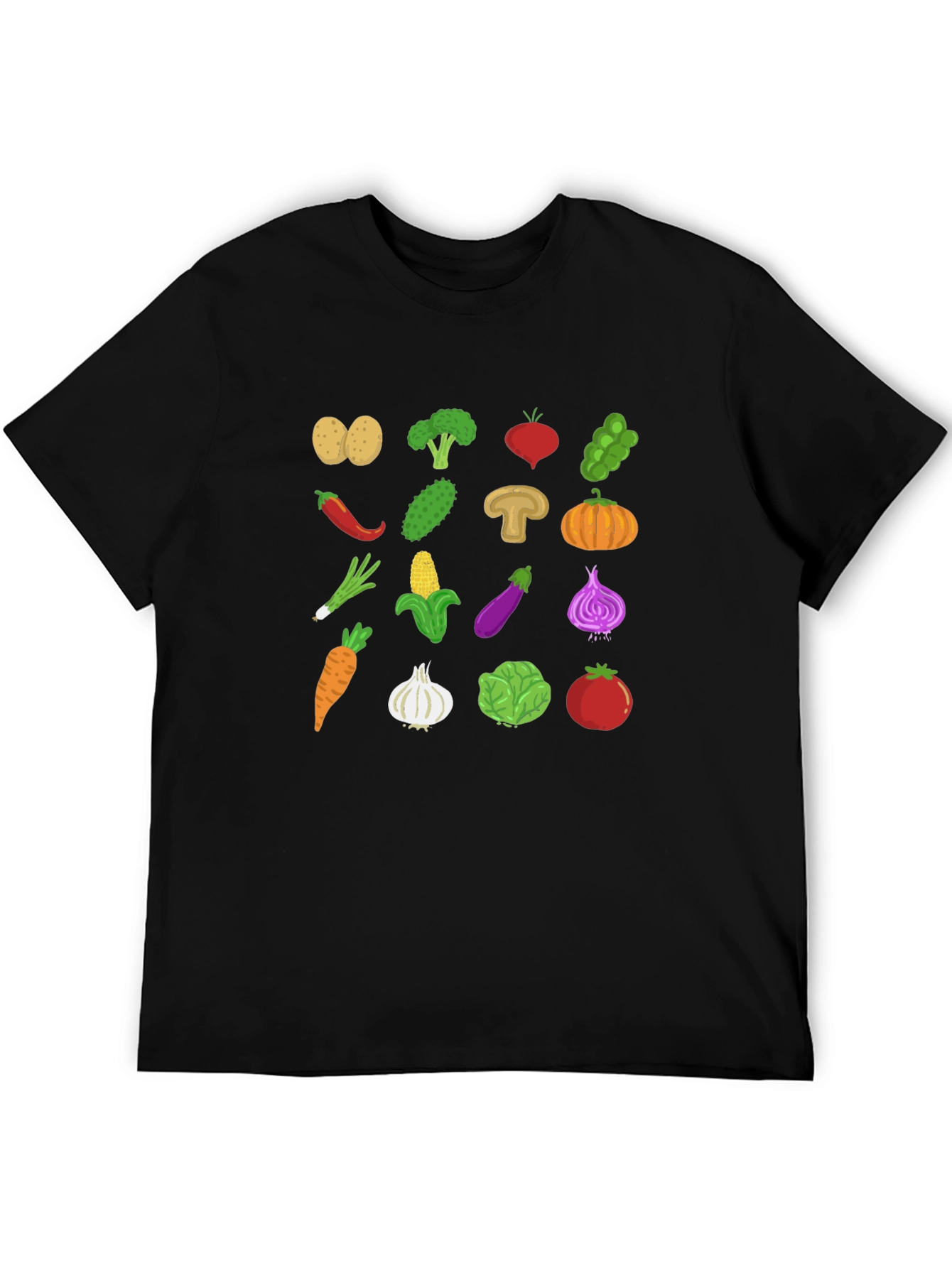 Vegetable Pattern Black Crew Neck T-Shirt