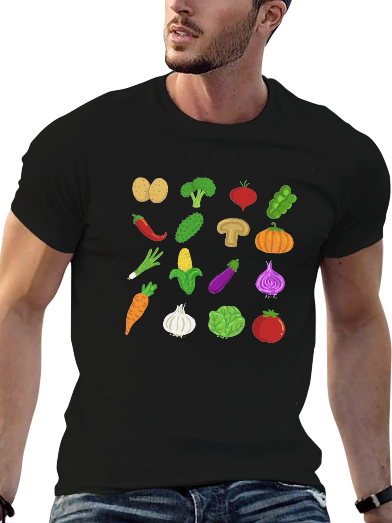 Vegetable Pattern Black Crew Neck T-Shirt