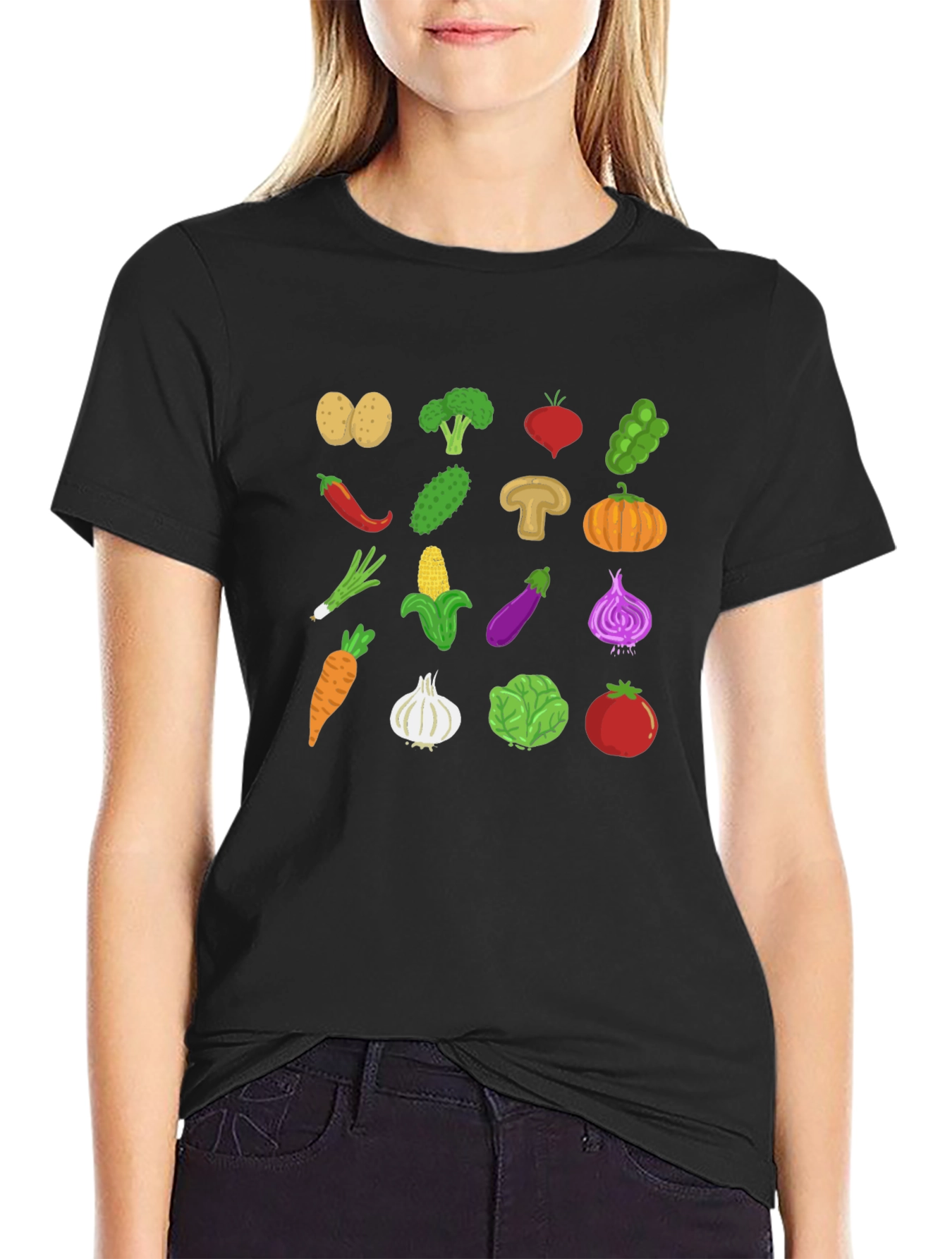 Vegetable Pattern Black Crew Neck T-Shirt