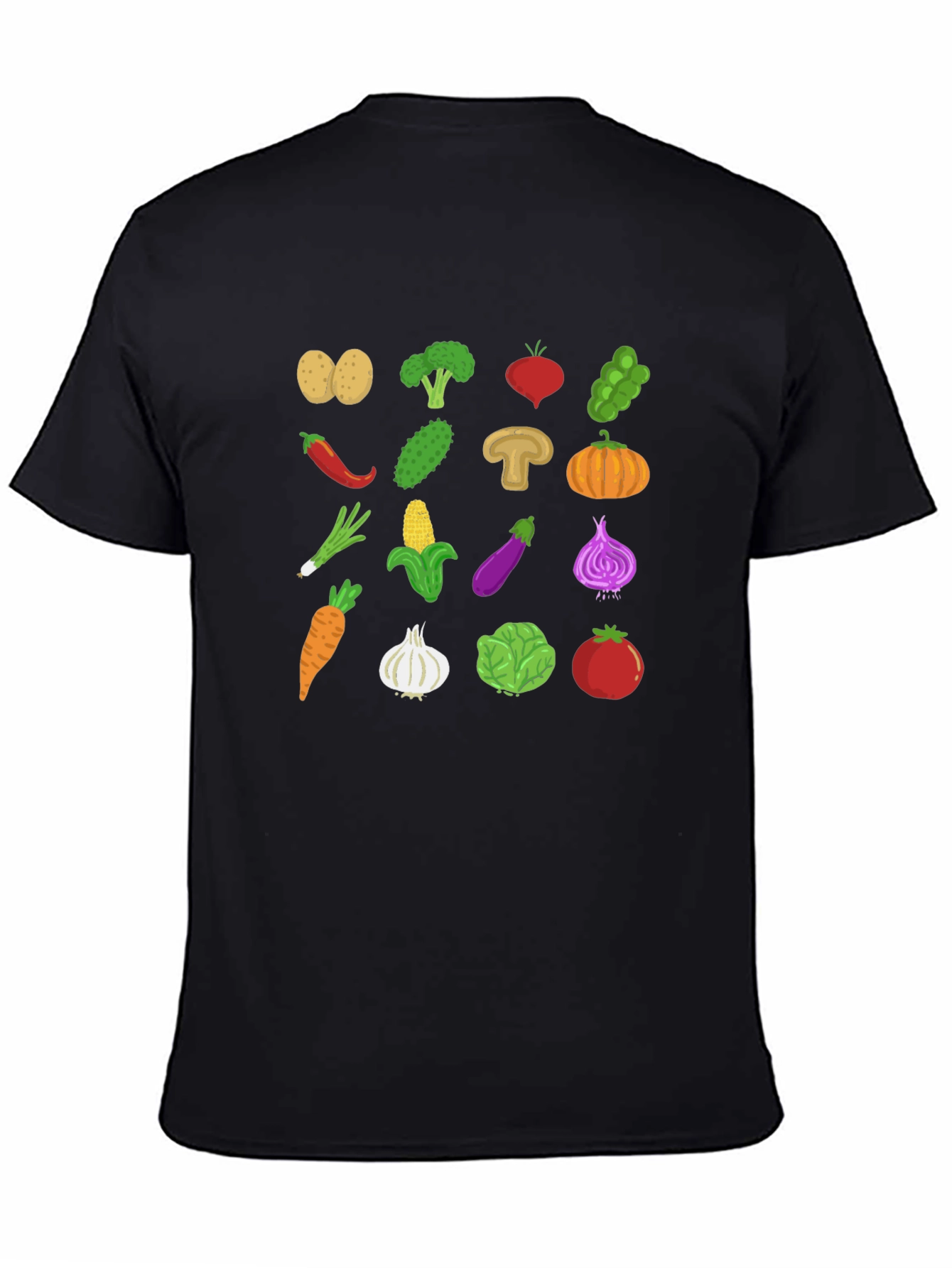 Vegetable Pattern Black Crew Neck T-Shirt
