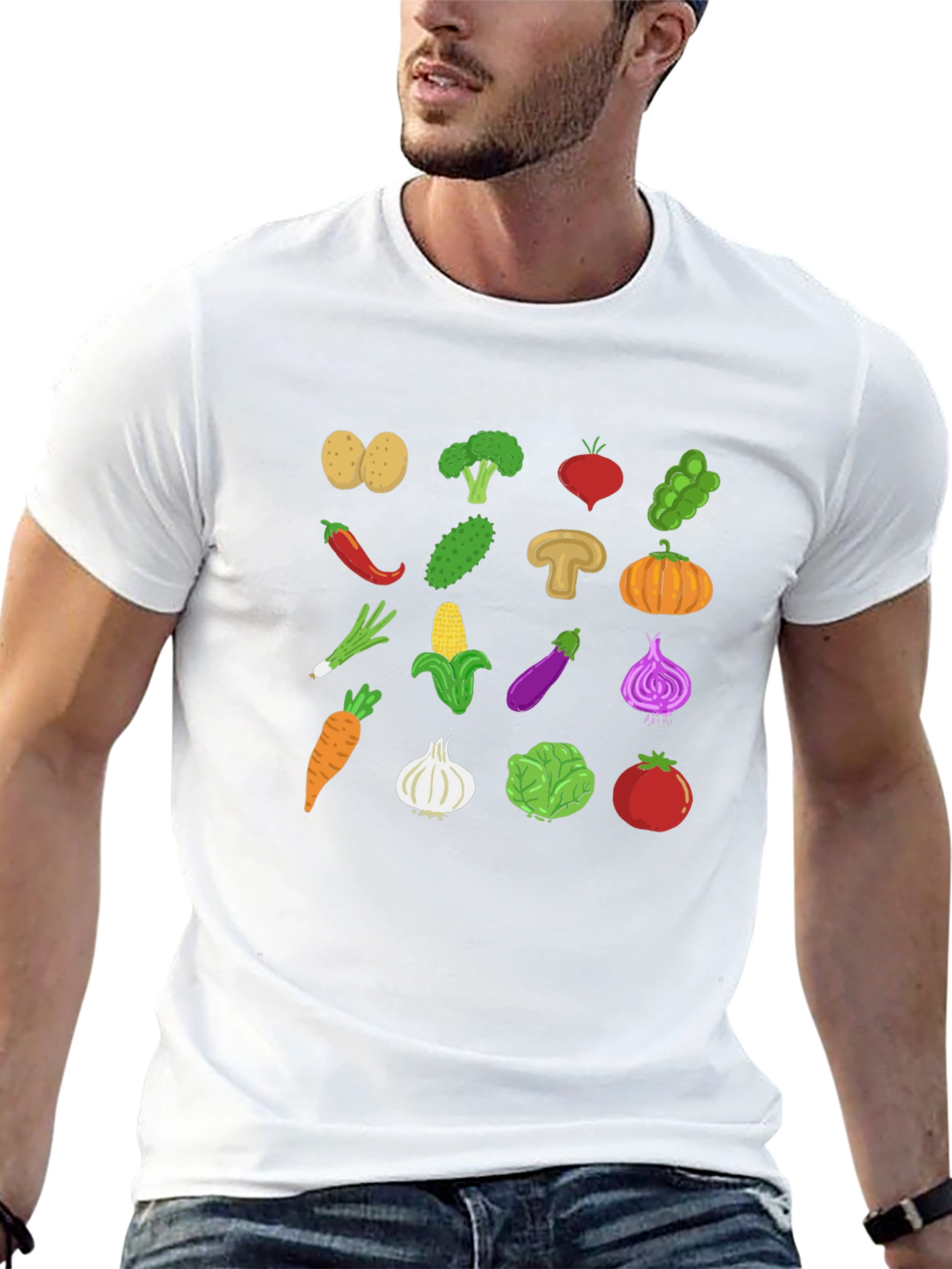 Vegetable Pattern Black Crew Neck T-Shirt