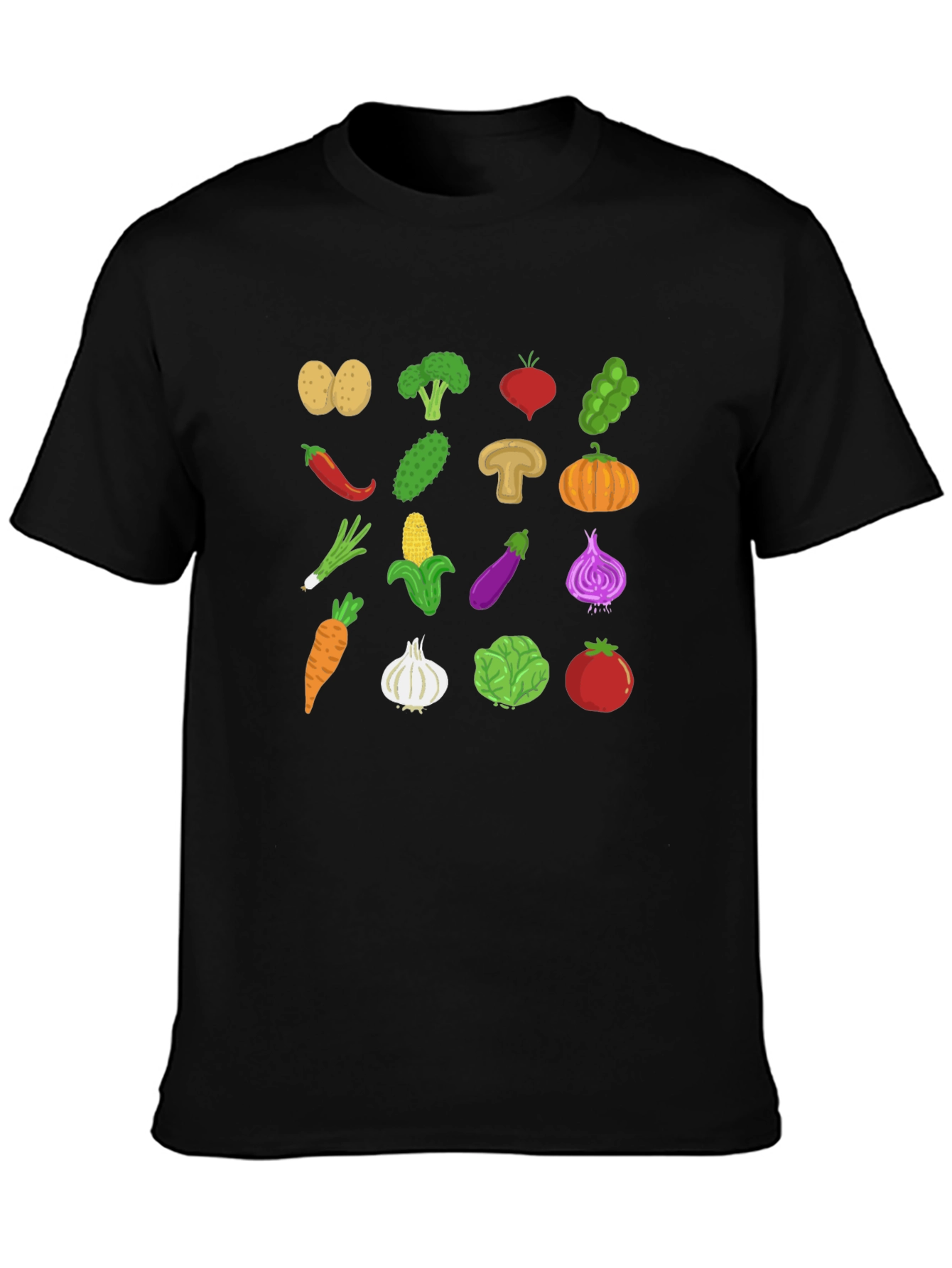Vegetable Pattern Black Crew Neck T-Shirt