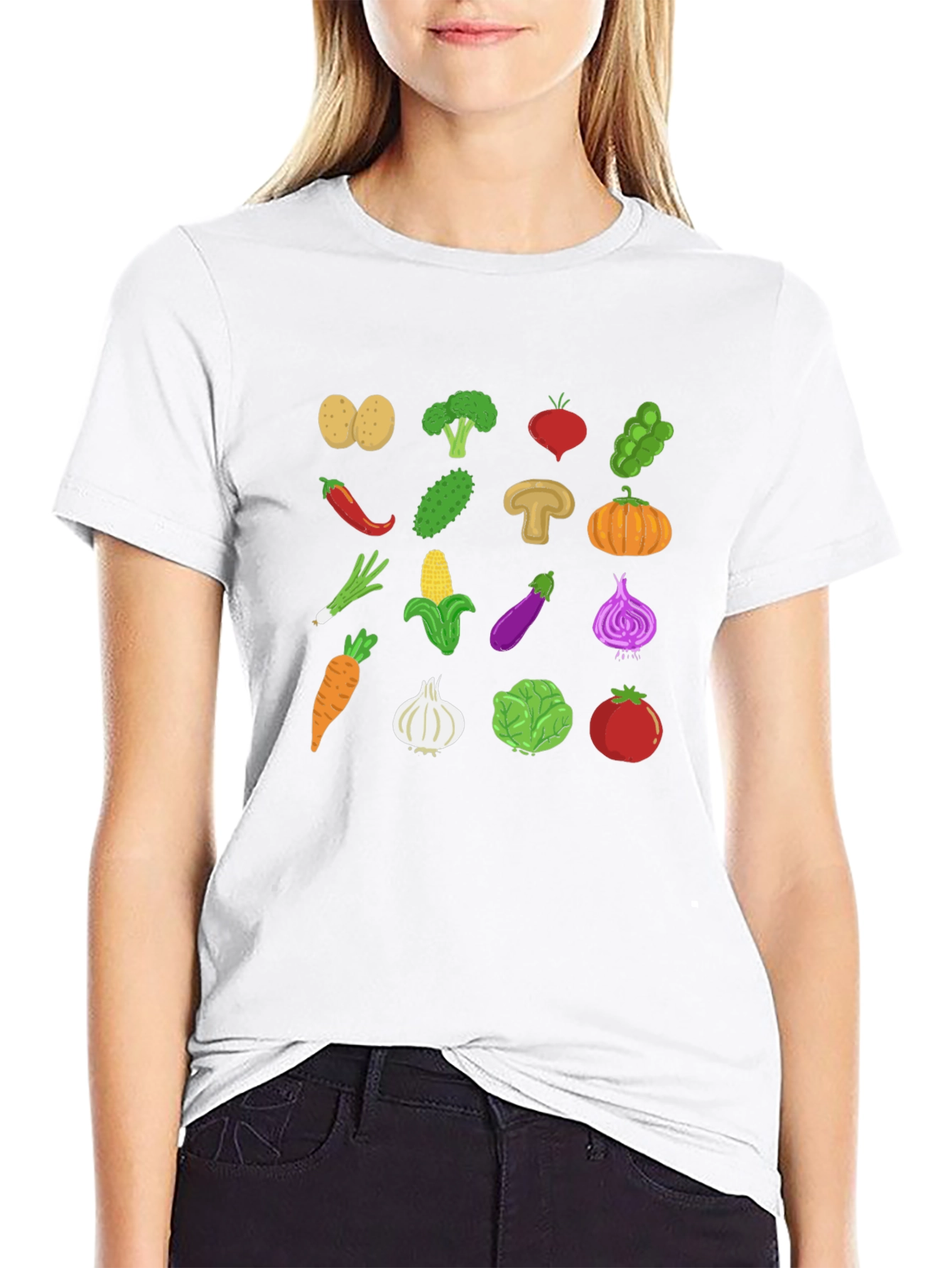 Vegetable Pattern Black Crew Neck T-Shirt