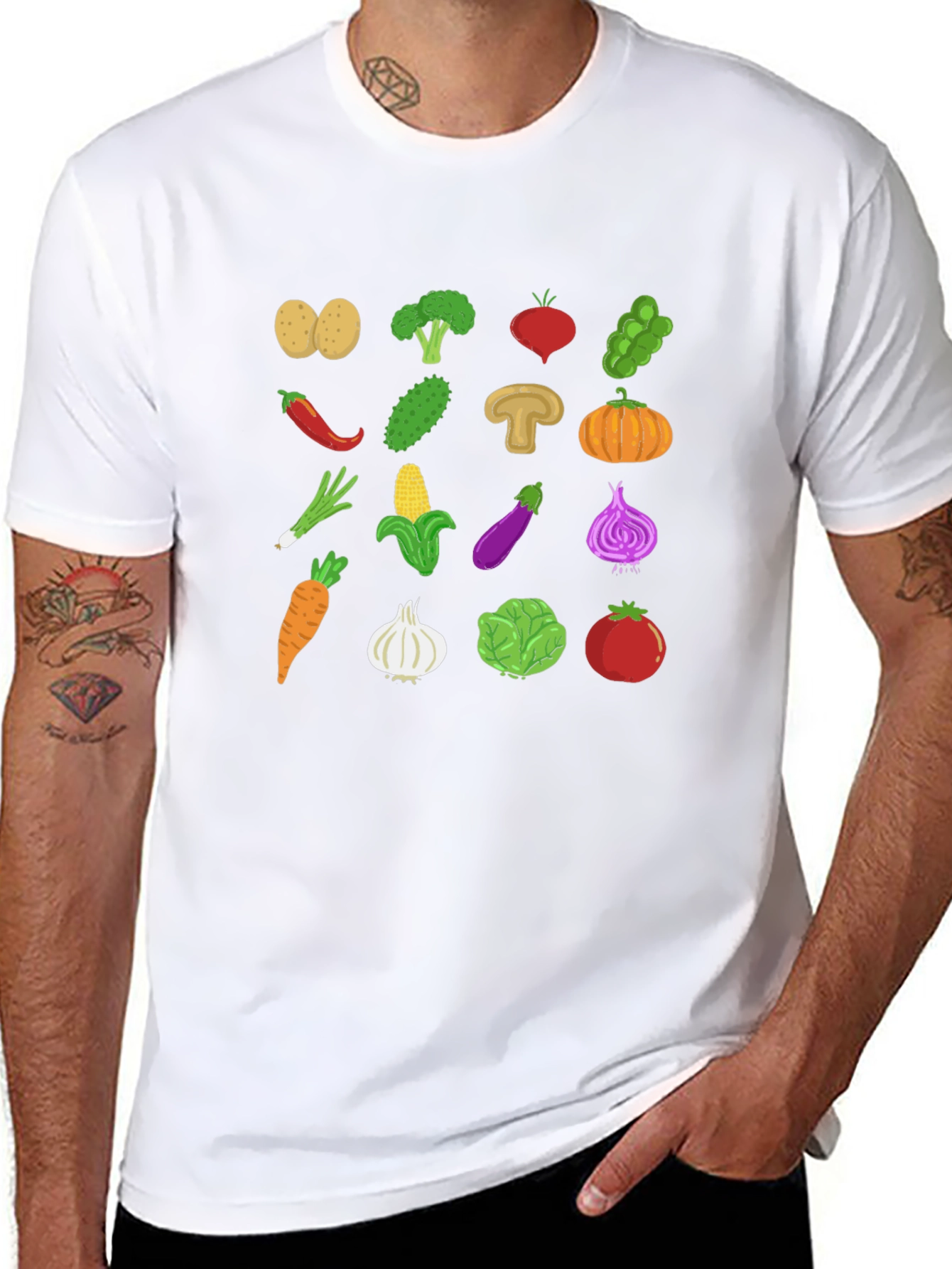 Vegetable Pattern Black Crew Neck T-Shirt