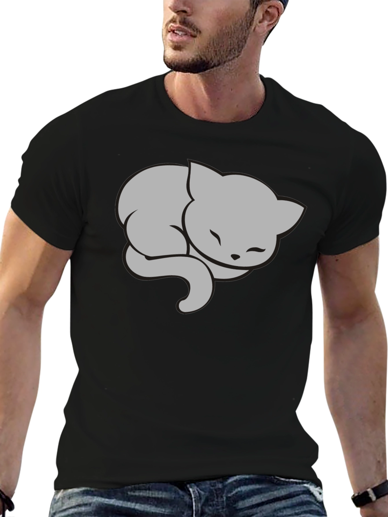 Sleeping Cat Graphic Tee - Stylish Black T-Shirt